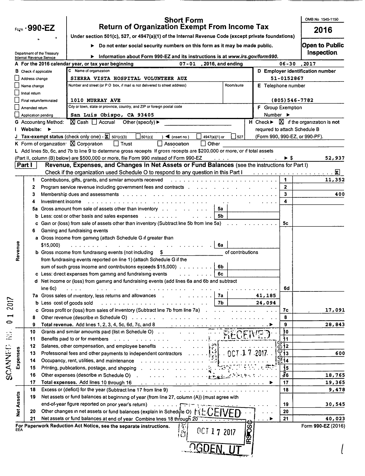 Image of first page of 2016 Form 990EZ for Sierra Vista Hospital Volunteer Auxiliary