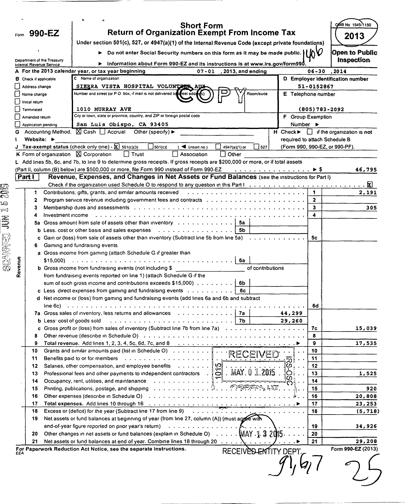 Image of first page of 2013 Form 990EZ for Sierra Vista Hospital Volunteer Auxiliary