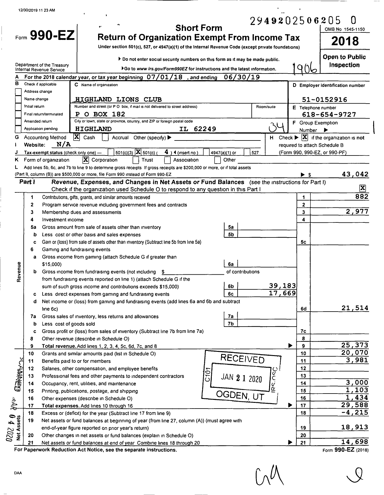 Image of first page of 2018 Form 990EO for Lions Clubs - 30410 Highland