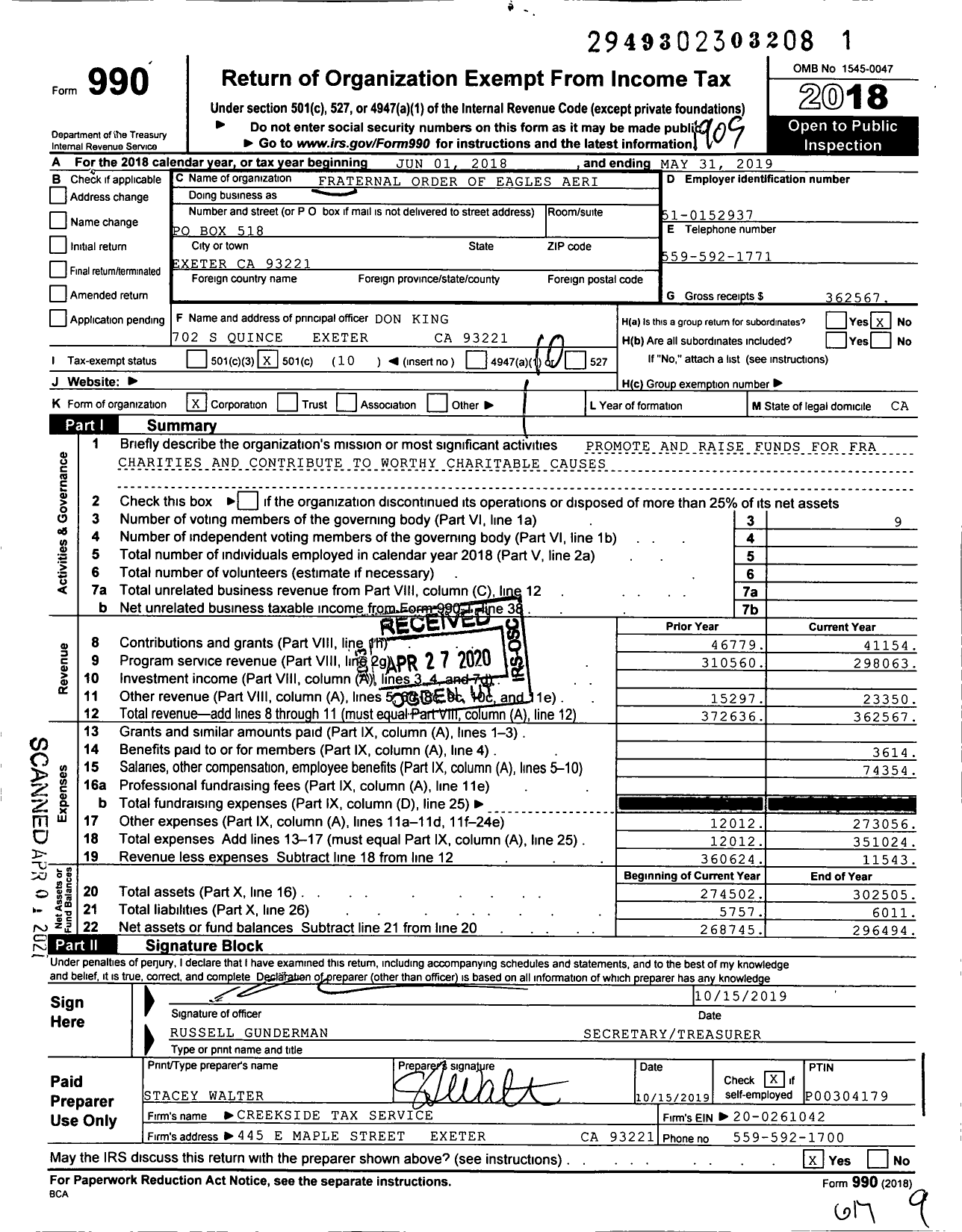 Image of first page of 2018 Form 990O for Fraternal Order of Eagles - 3608 Aerie