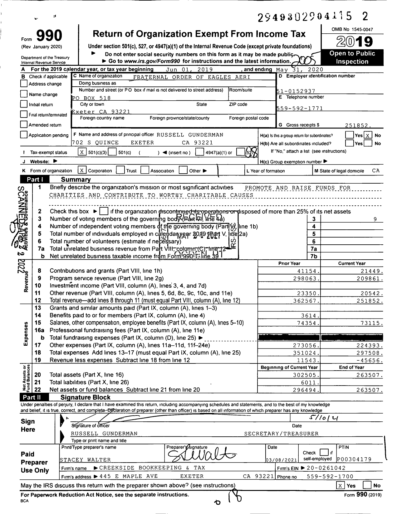 Image of first page of 2019 Form 990O for Fraternal Order of Eagles - 3608 Aerie