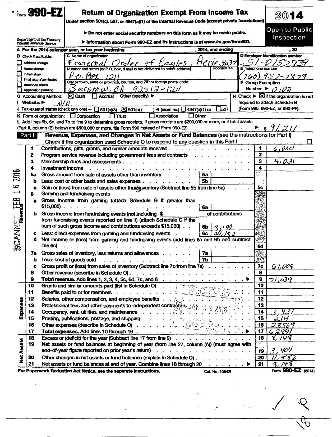 Image of first page of 2014 Form 990EO for Fraternal Order of Eagles - 3637 Aerie