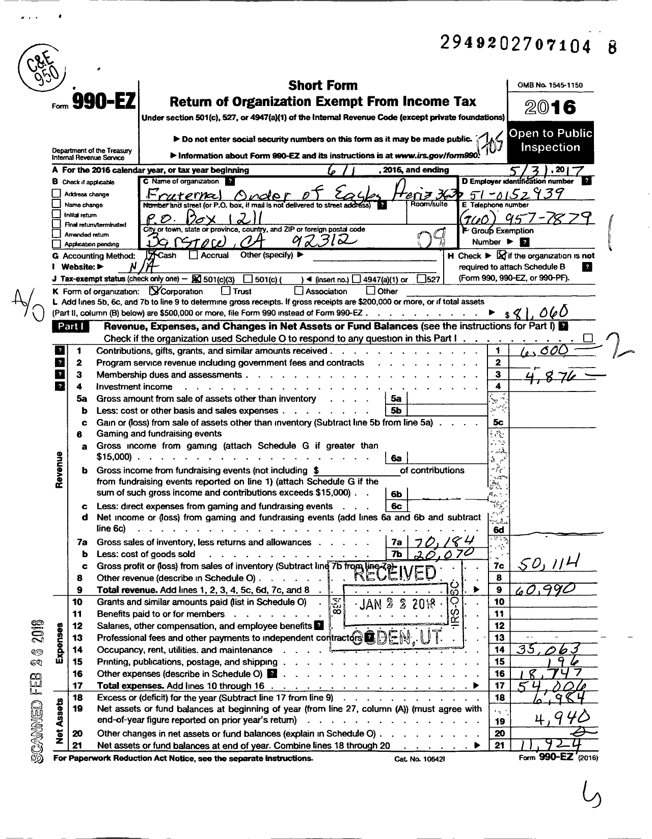 Image of first page of 2016 Form 990EO for Fraternal Order of Eagles - 3637 Aerie