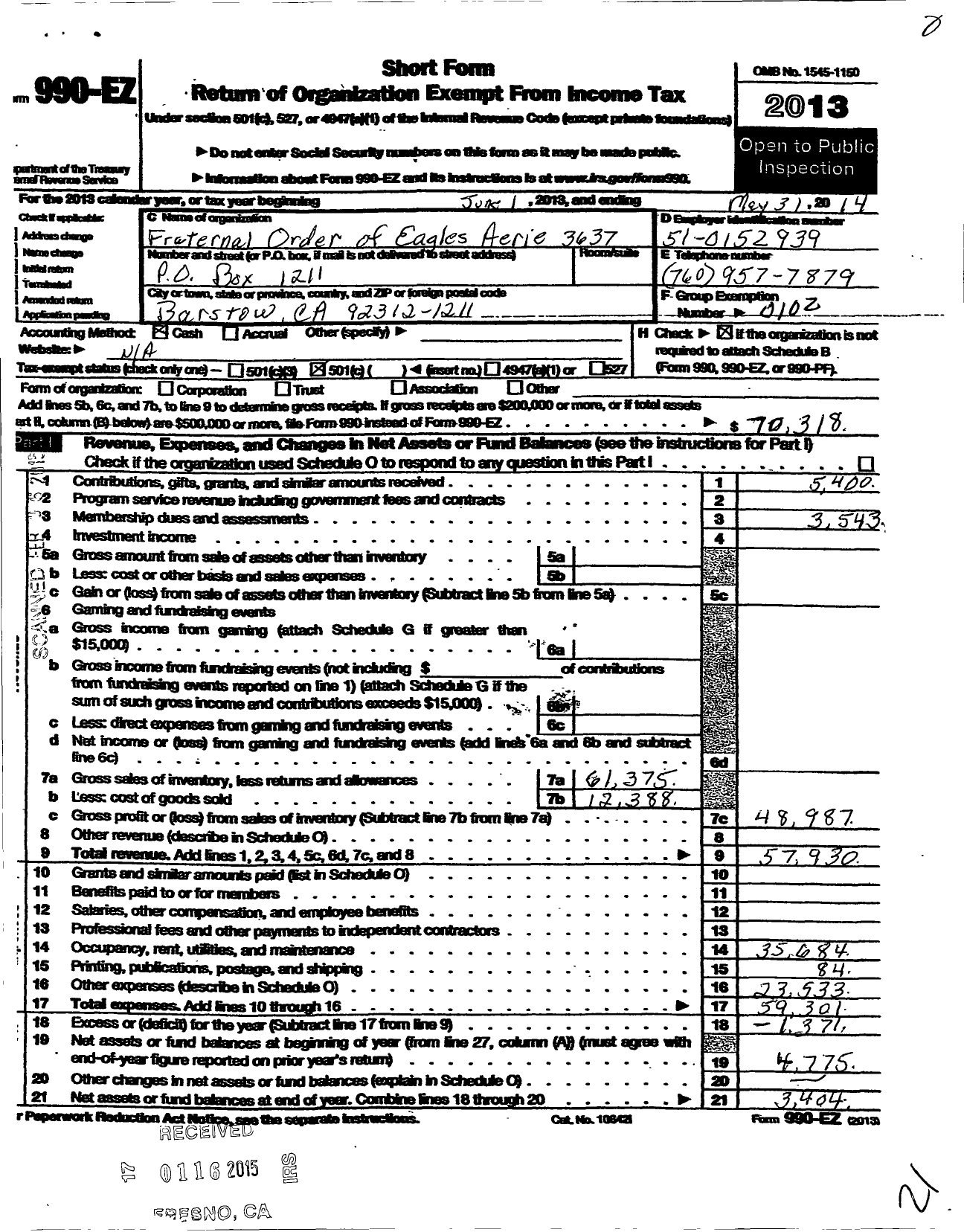 Image of first page of 2013 Form 990EO for Fraternal Order of Eagles - 3637 Aerie