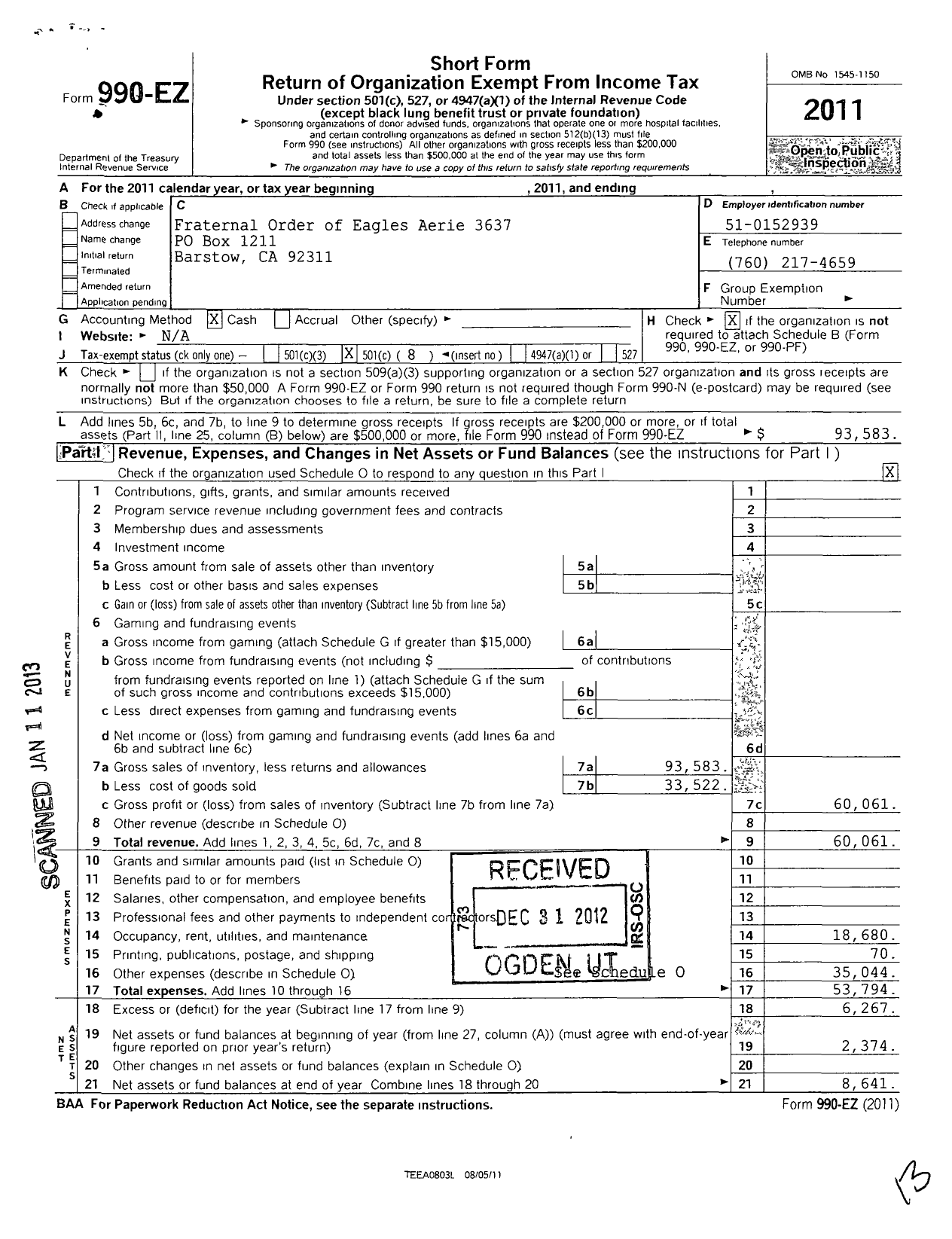 Image of first page of 2011 Form 990EO for Fraternal Order of Eagles - 3637 Aerie