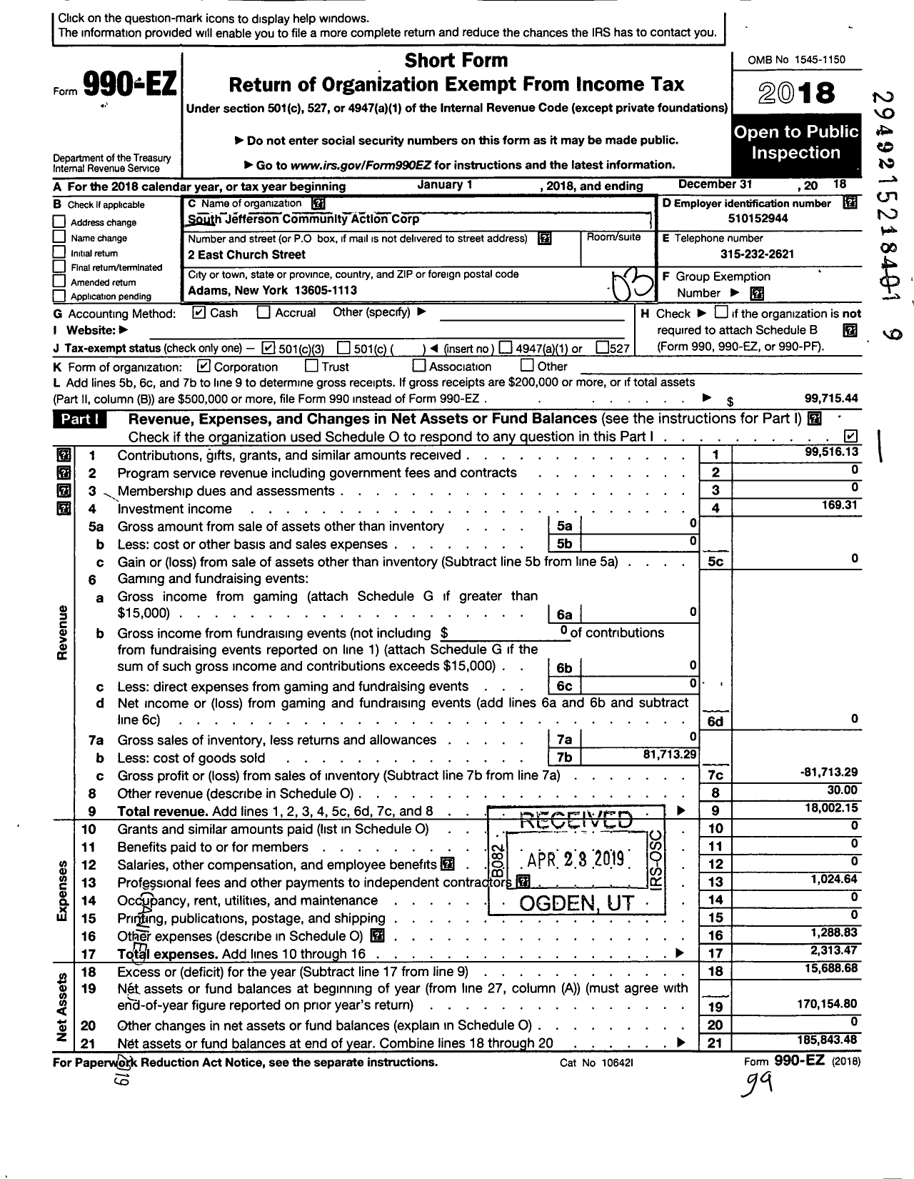 Image of first page of 2018 Form 990EZ for South Jefferson Community Action Corporation