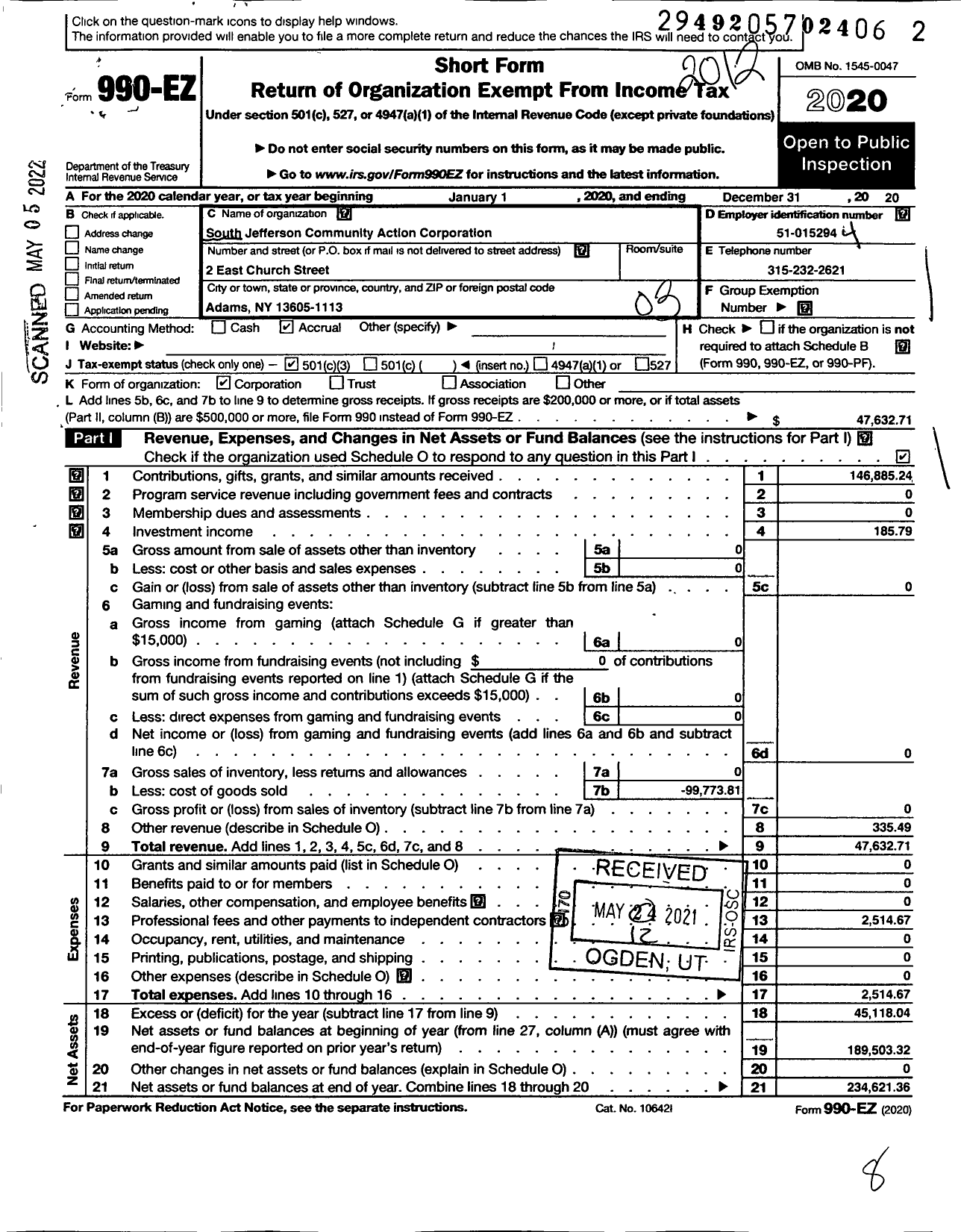 Image of first page of 2020 Form 990EZ for South Jefferson Community Action Corporation