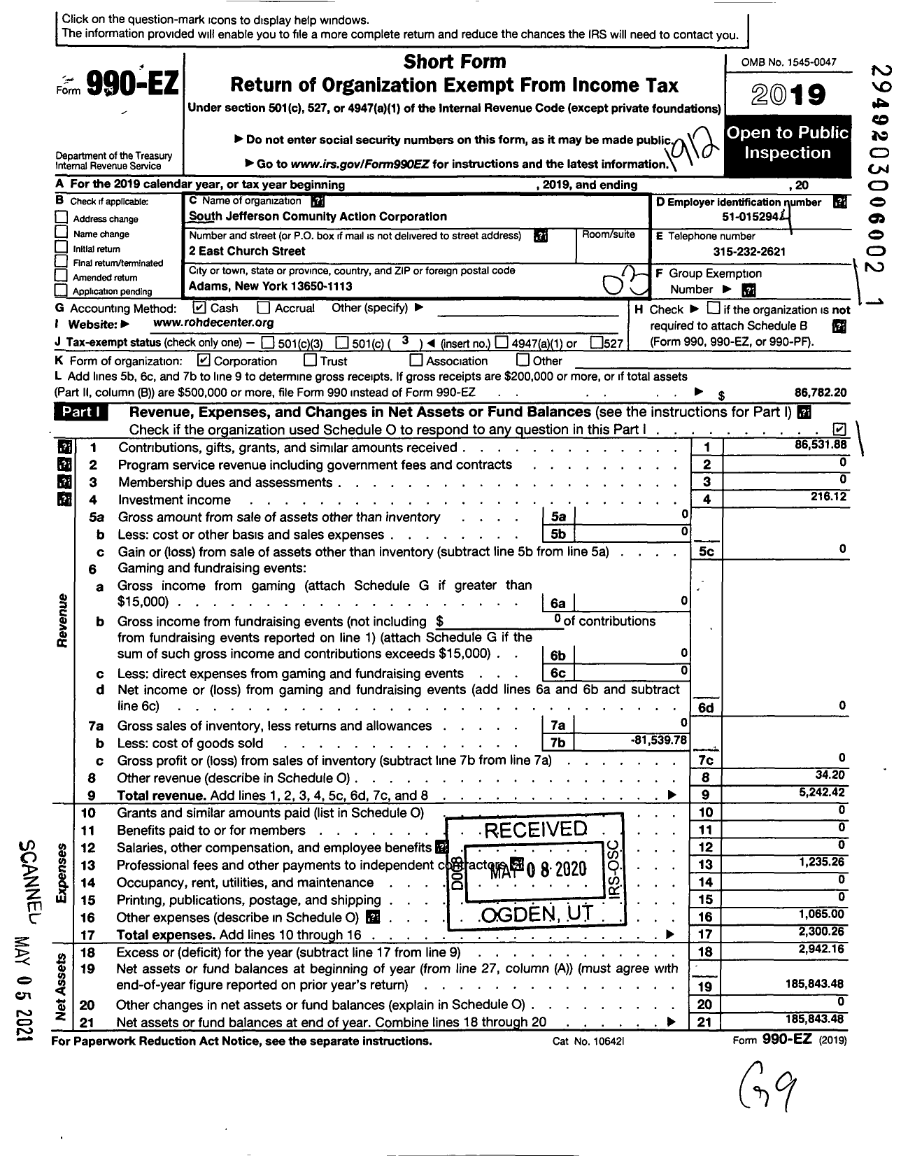 Image of first page of 2019 Form 990EZ for South Jefferson Community Action Corporation