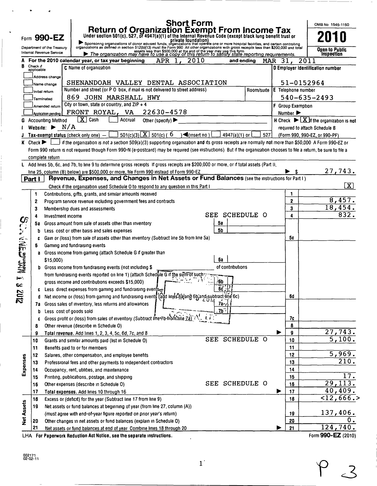 Image of first page of 2010 Form 990EO for Shenandoah Valley Dental Association