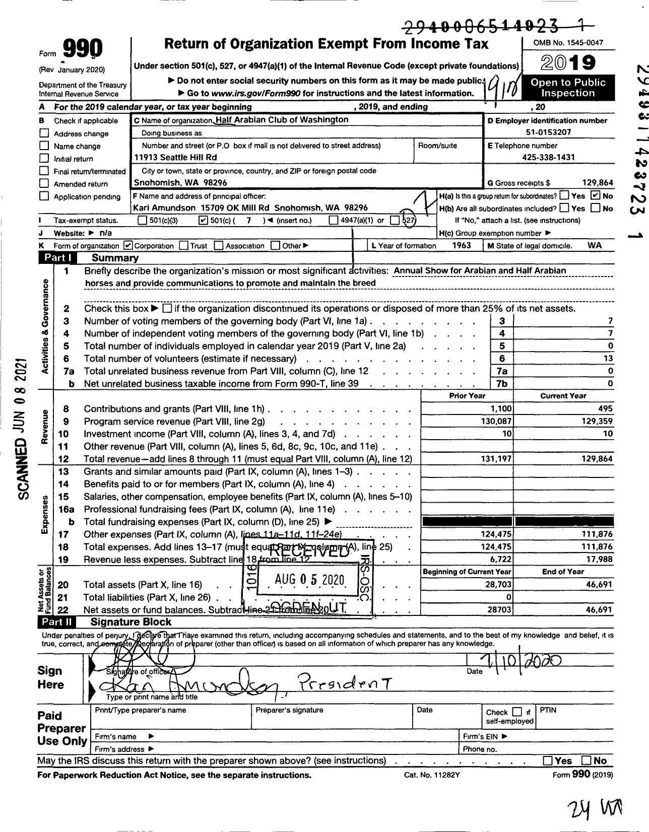 Image of first page of 2019 Form 990O for Half Arabian Club of Washington