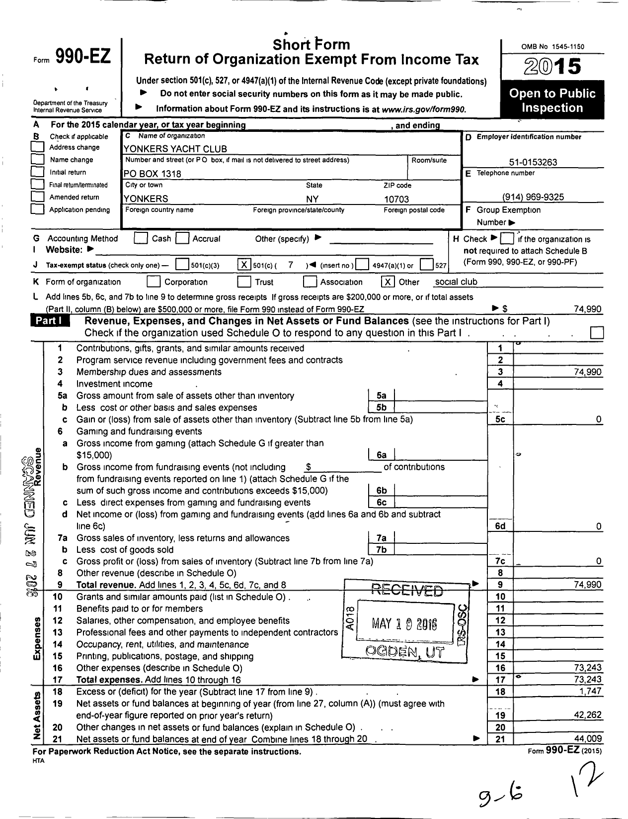 Image of first page of 2015 Form 990EO for Yonkers Yacht Club