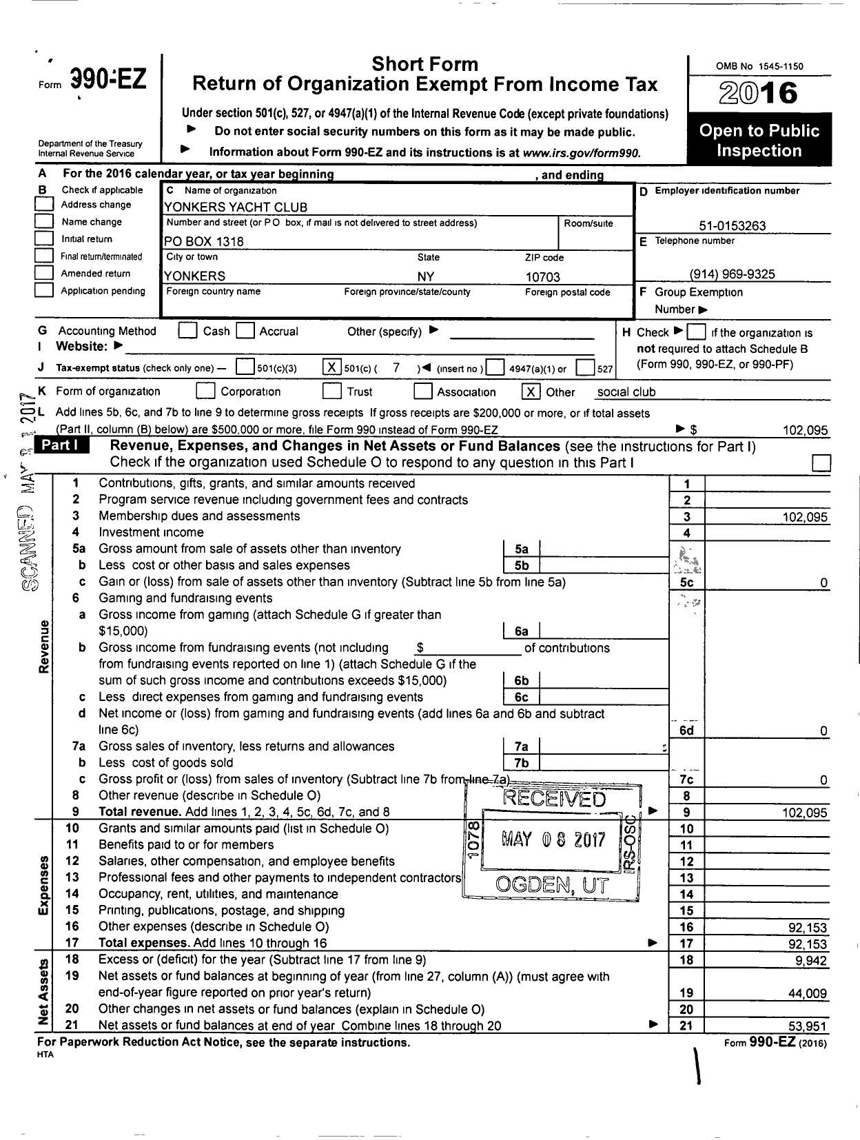 Image of first page of 2016 Form 990EO for Yonkers Yacht Club