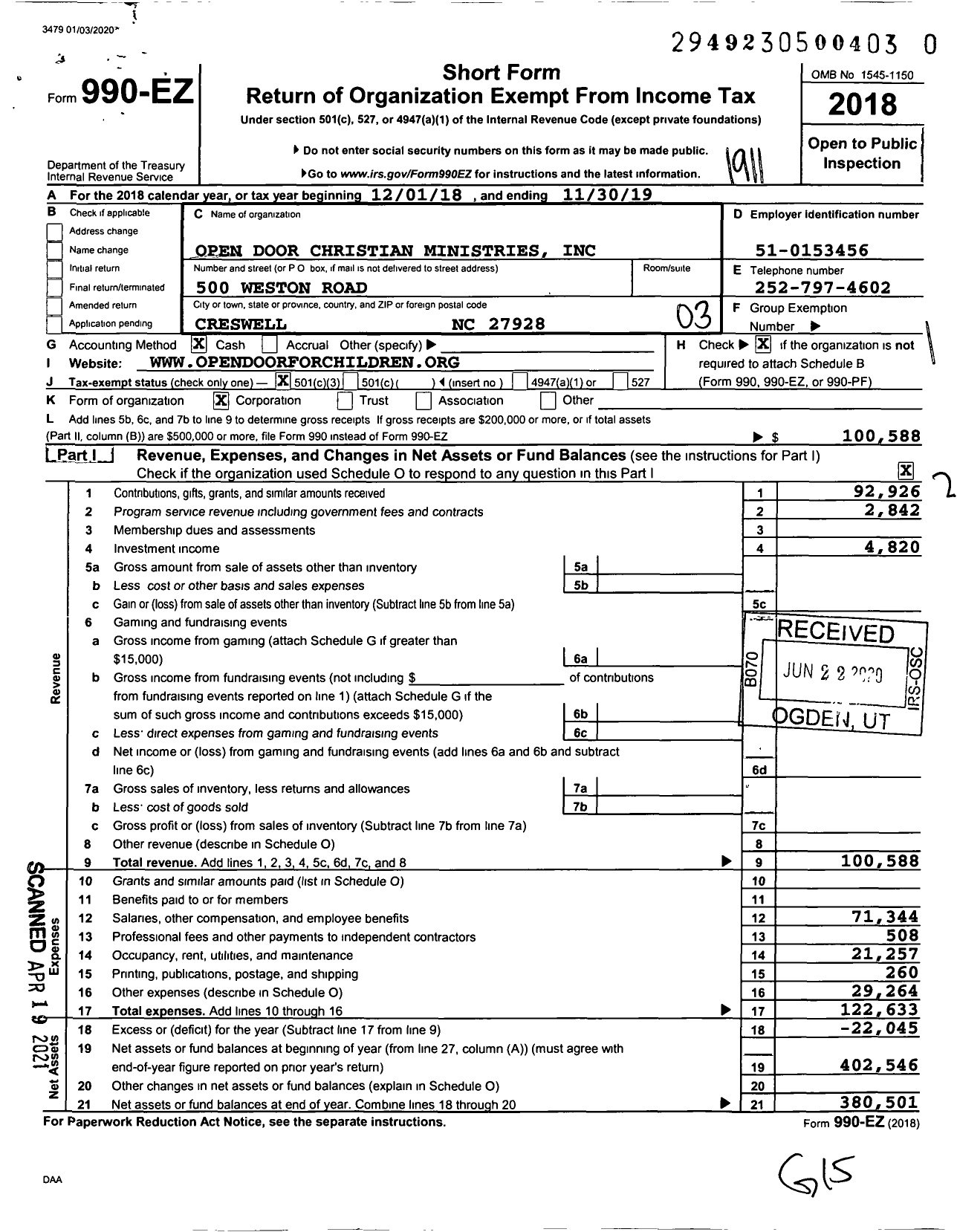 Image of first page of 2018 Form 990EZ for Open Door Christian Ministries