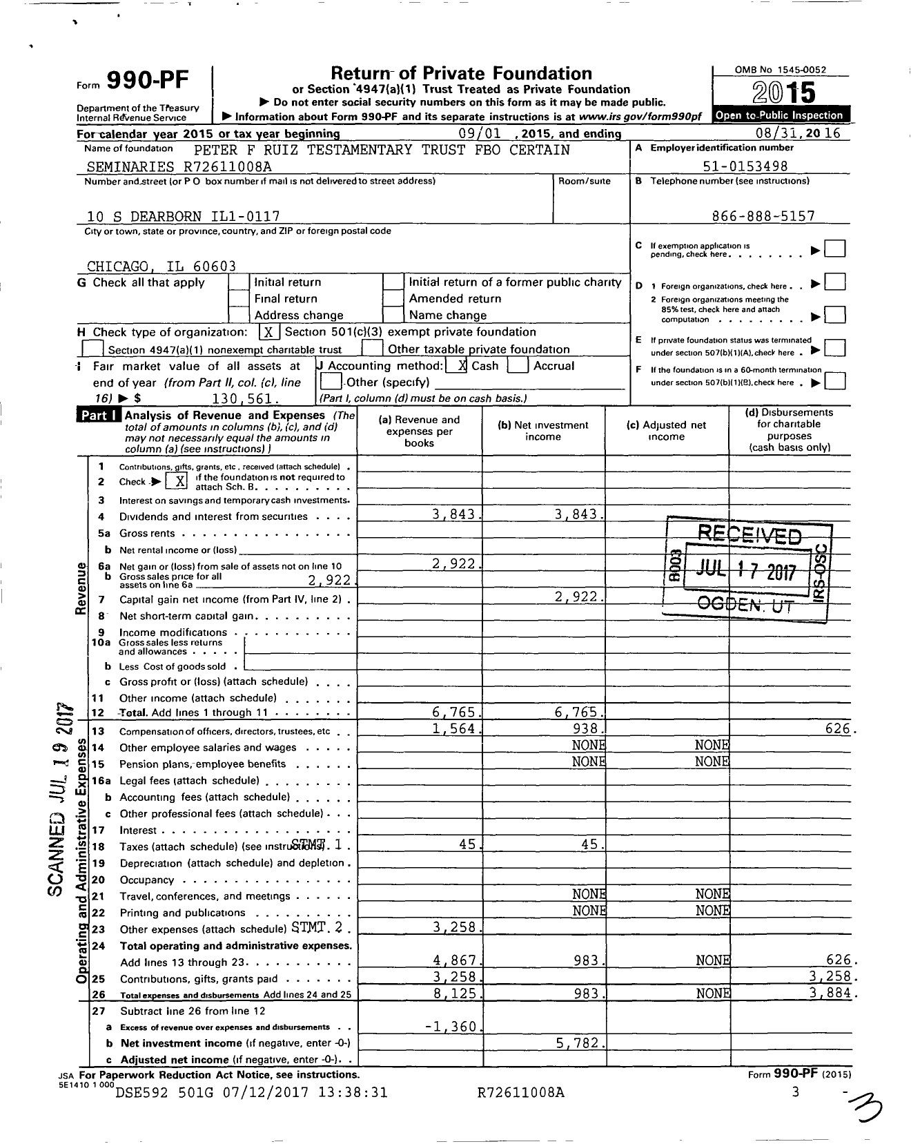 Image of first page of 2015 Form 990PF for Peter F Ruiz Testamentary Trust Fbo Certain