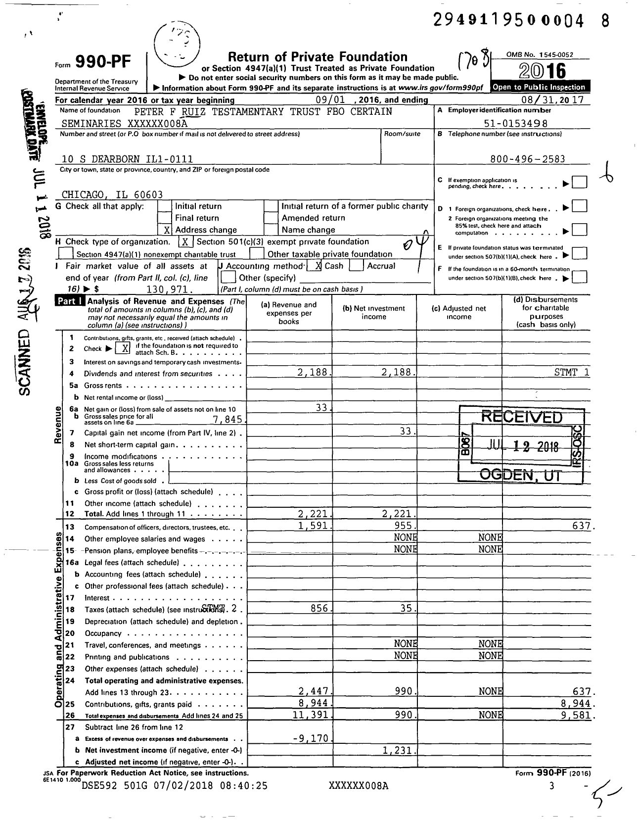 Image of first page of 2016 Form 990PF for Peter F Ruiz Testamentary Trust Fbo Certain