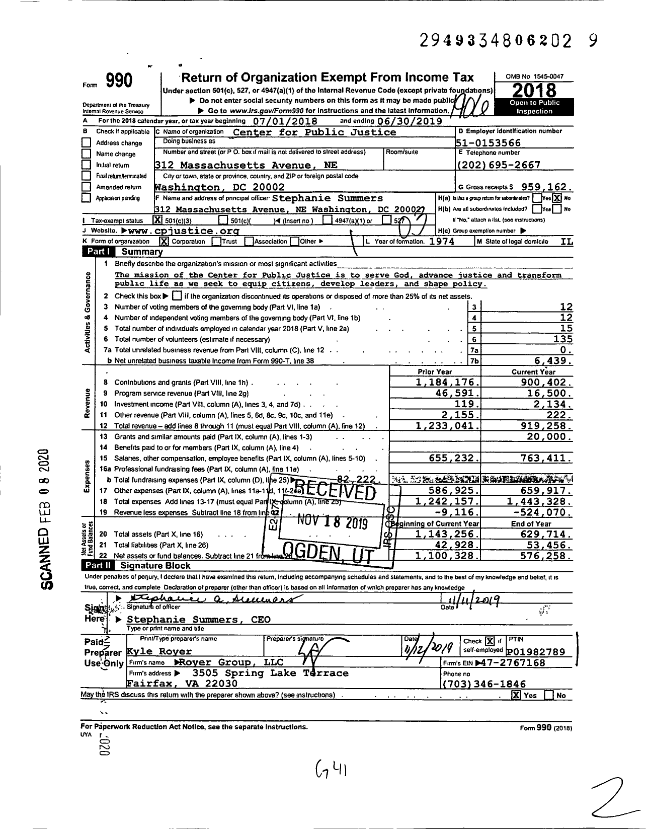 Image of first page of 2018 Form 990 for Center for Public Justice