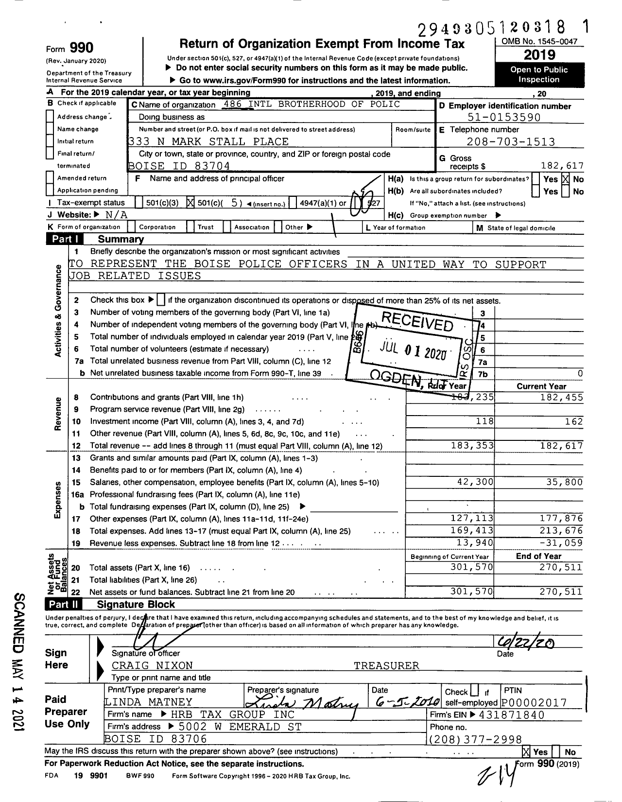 Image of first page of 2019 Form 990O for 486 International Brotherhood of Police