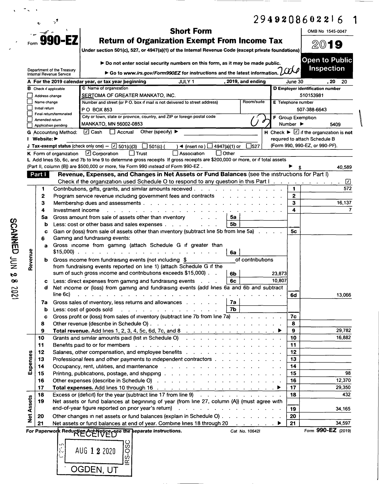 Image of first page of 2019 Form 990EZ for Sertoma - 10650 Sertoma CLB of Greatr Mankato