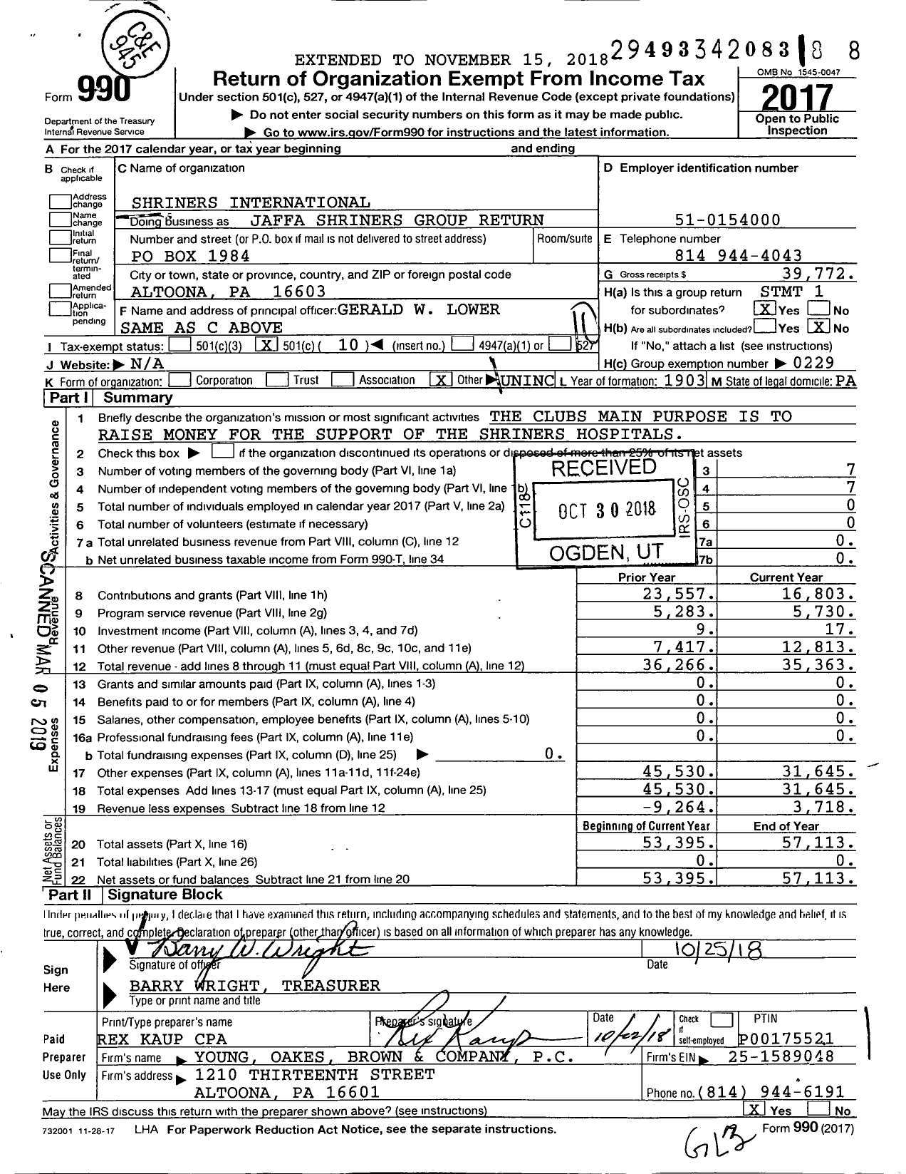 Image of first page of 2017 Form 990O for Shriners International - Jaffa Shriners Group Return