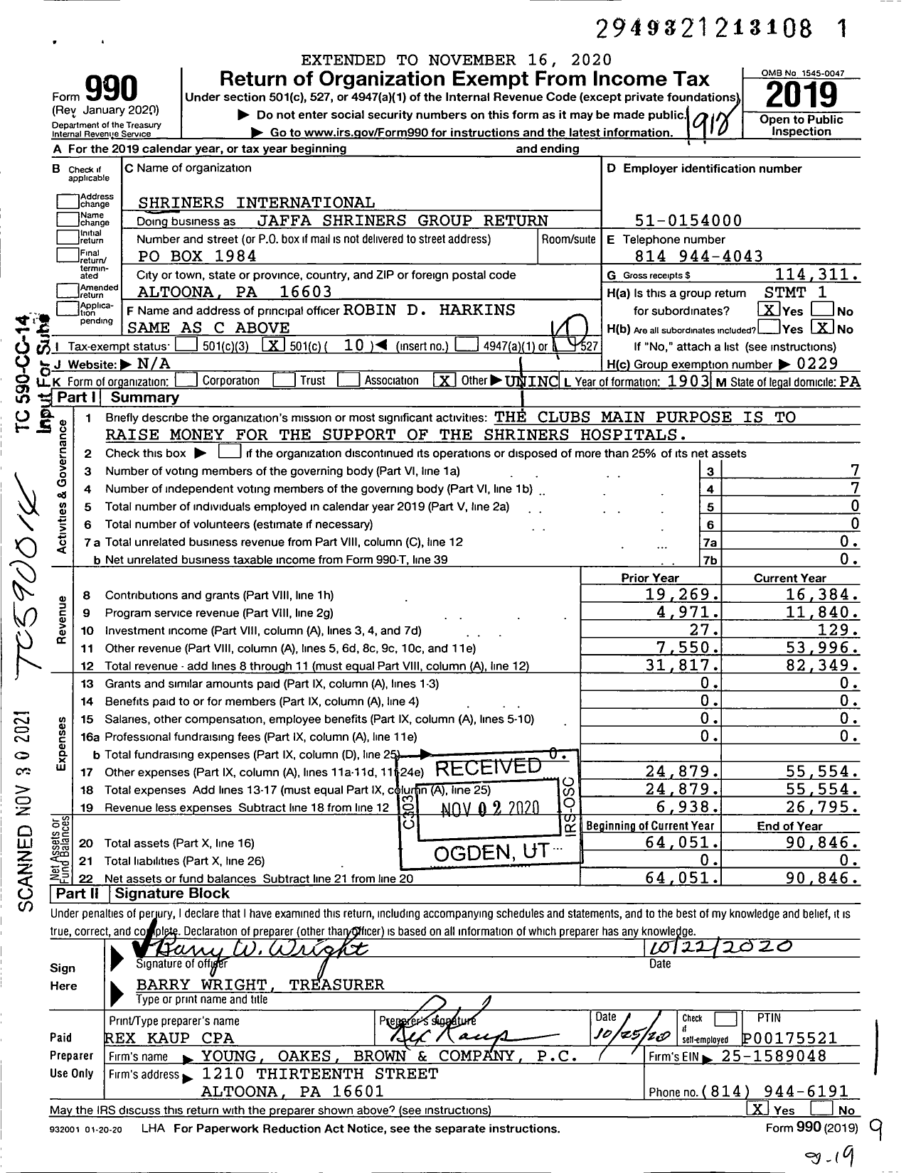 Image of first page of 2019 Form 990O for Shriners International - Jaffa Shriners Group Return