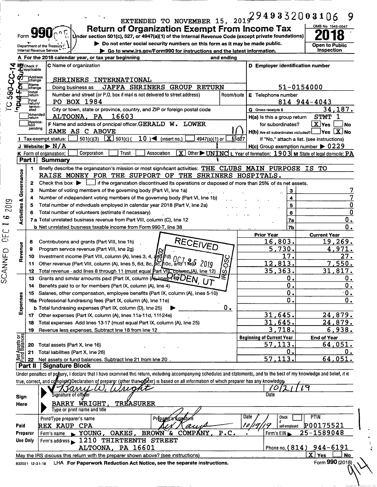Image of first page of 2018 Form 990O for Shriners International - Jaffa Shriners Group Return