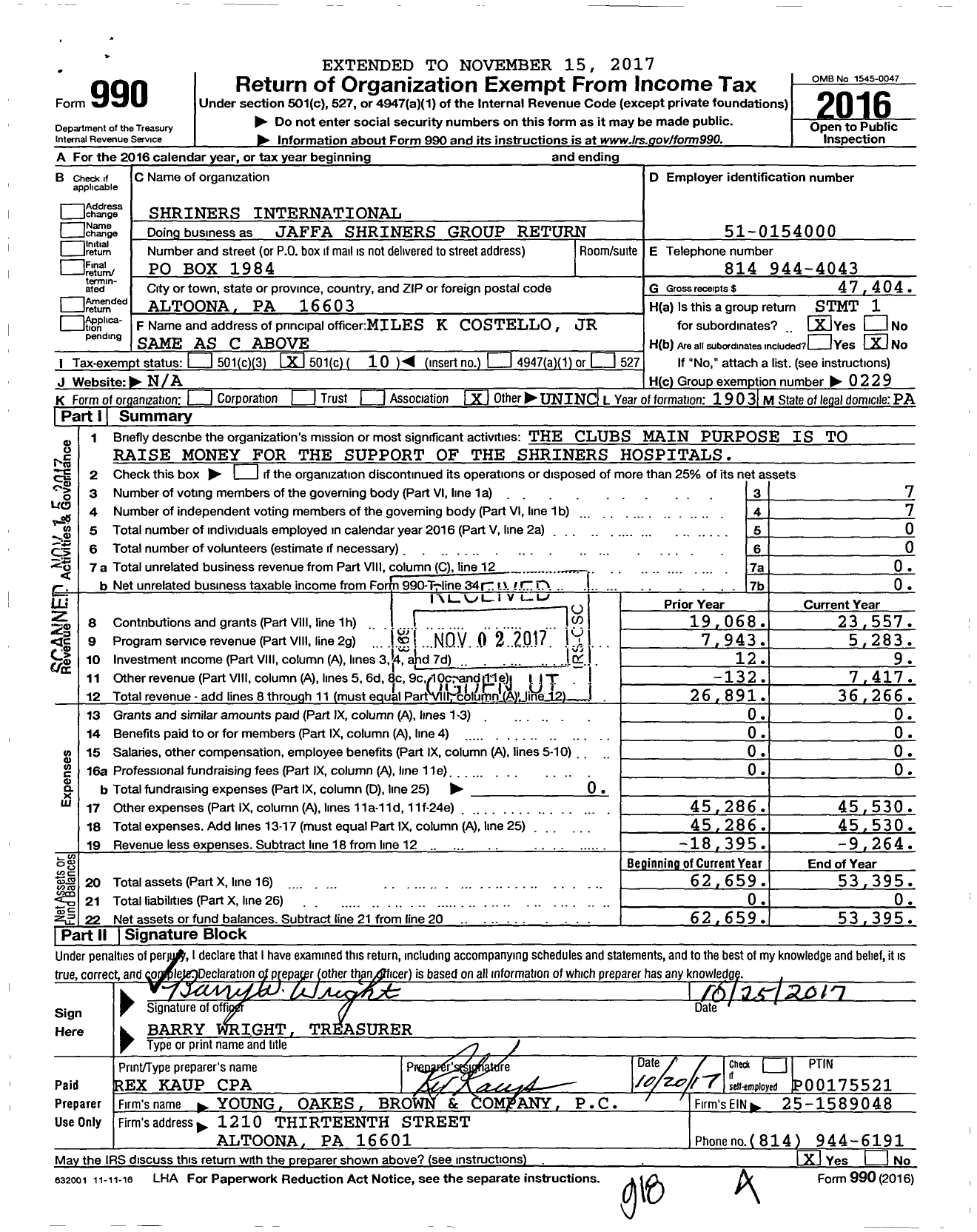 Image of first page of 2016 Form 990O for Shriners International - Jaffa Shriners Group Return