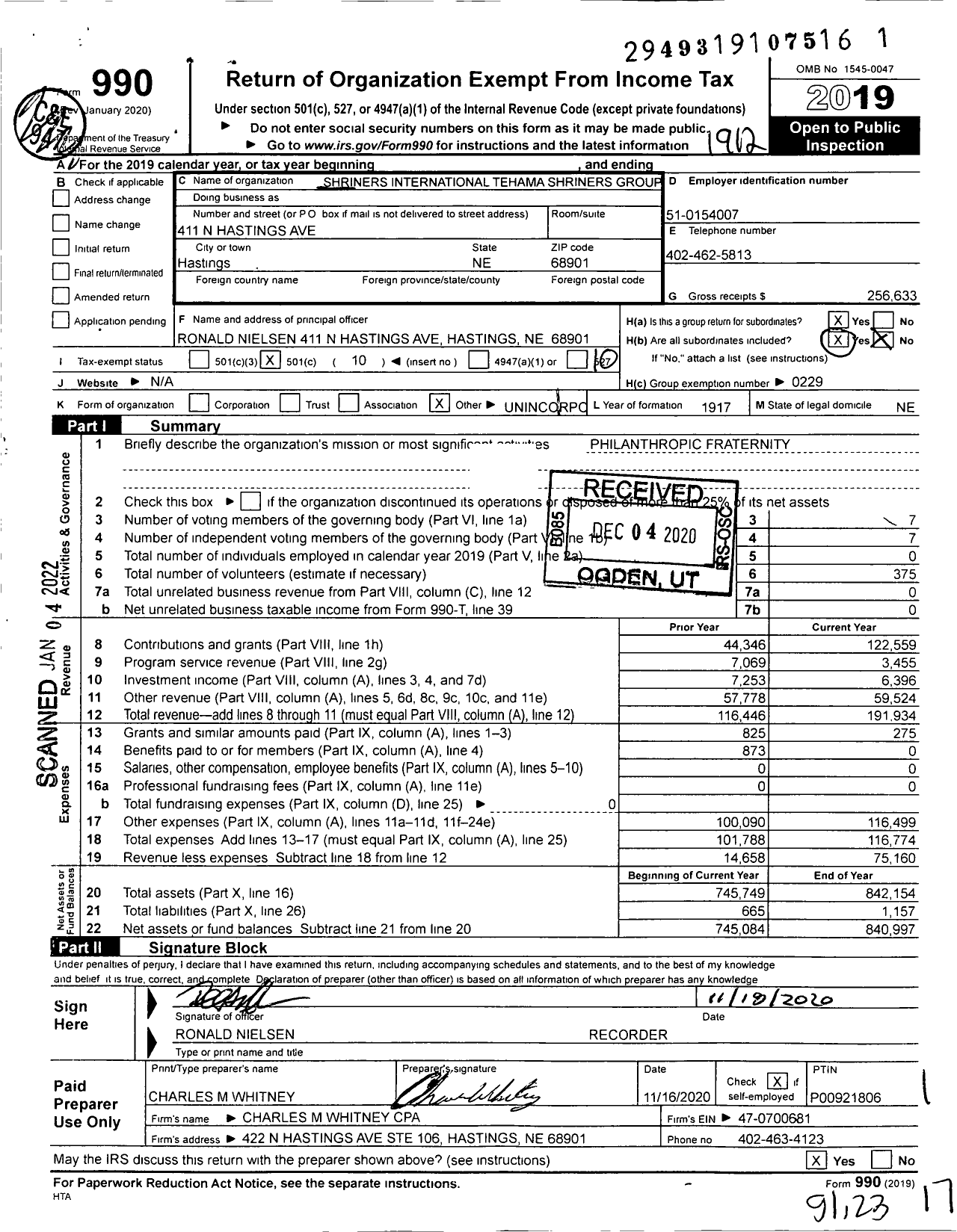 Image of first page of 2019 Form 990O for Shriners International - Ancient Arabic Order of the Nobles