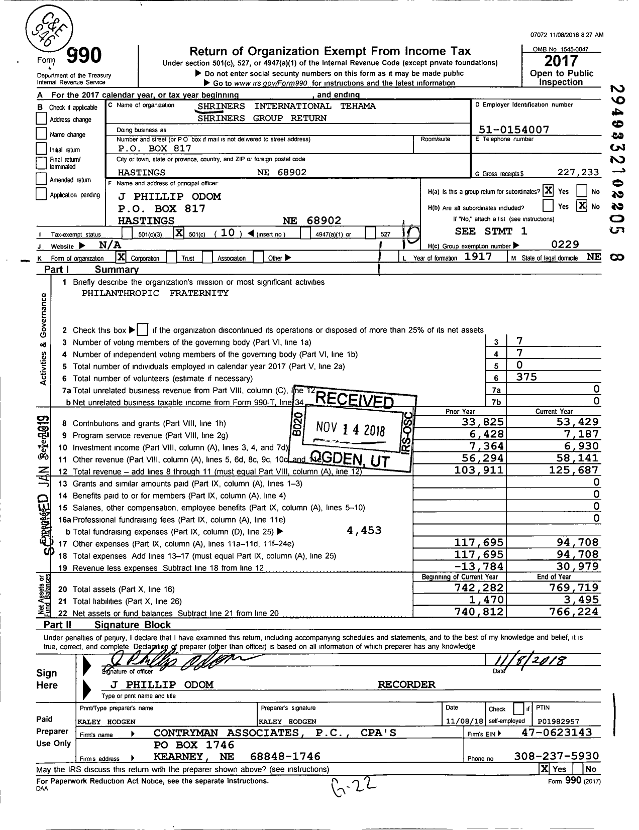 Image of first page of 2017 Form 990O for Shriners International - Ancient Arabic Order of the Nobles