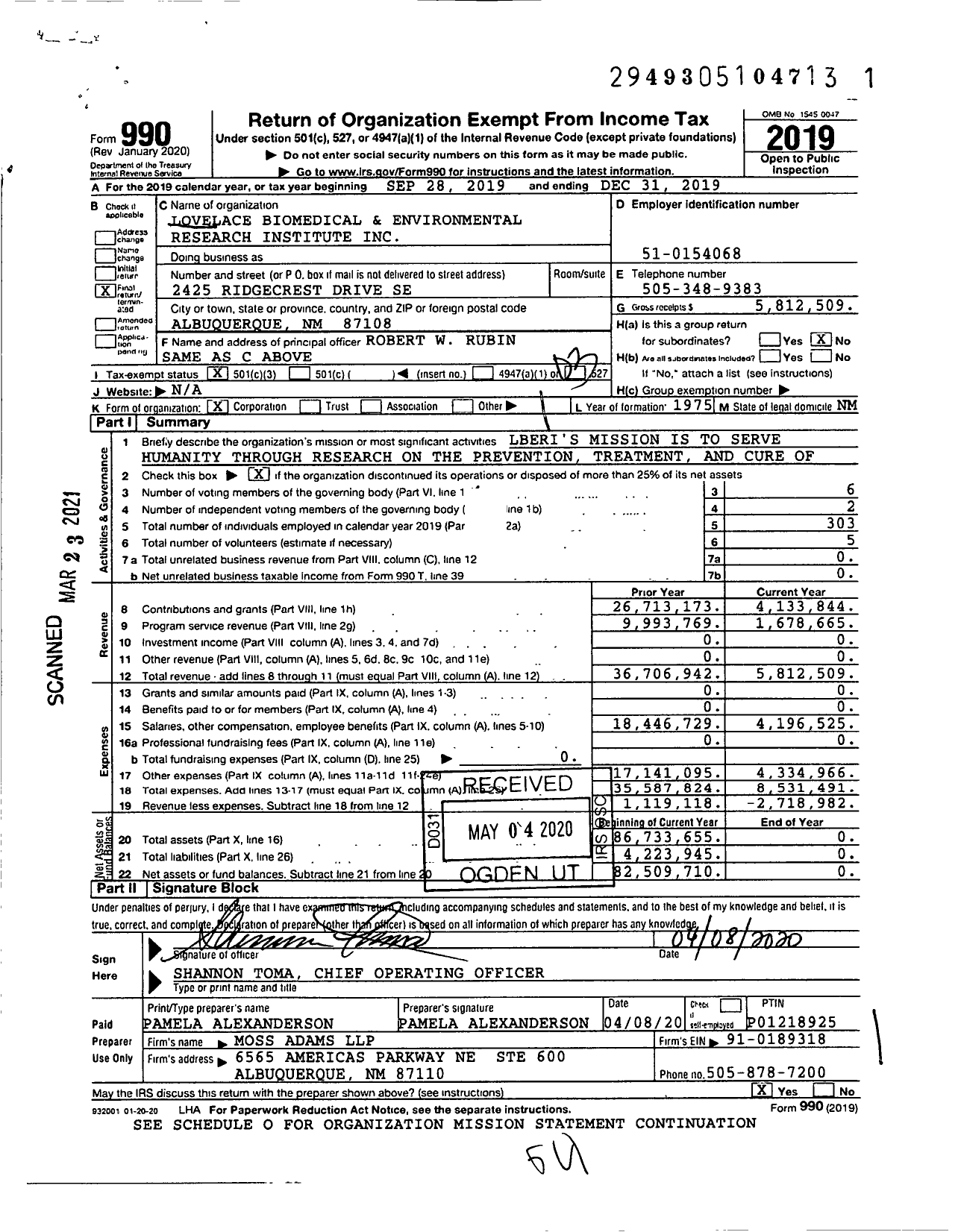 Image of first page of 2019 Form 990 for Lovelace Biomedical and Environmental Research Institute