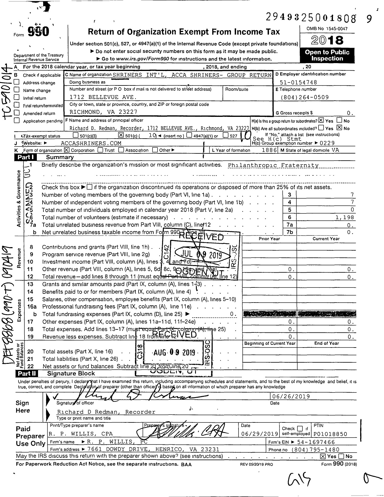 Image of first page of 2018 Form 990O for Acca Shriners Shriners International Group Return