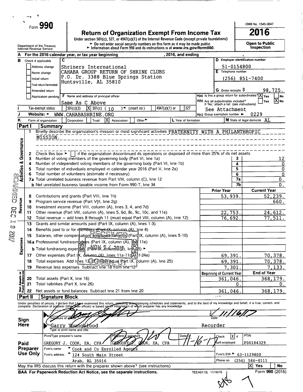 Image of first page of 2016 Form 990O for Shriners International CAHABA GROUP Return OF Shrine Clubs