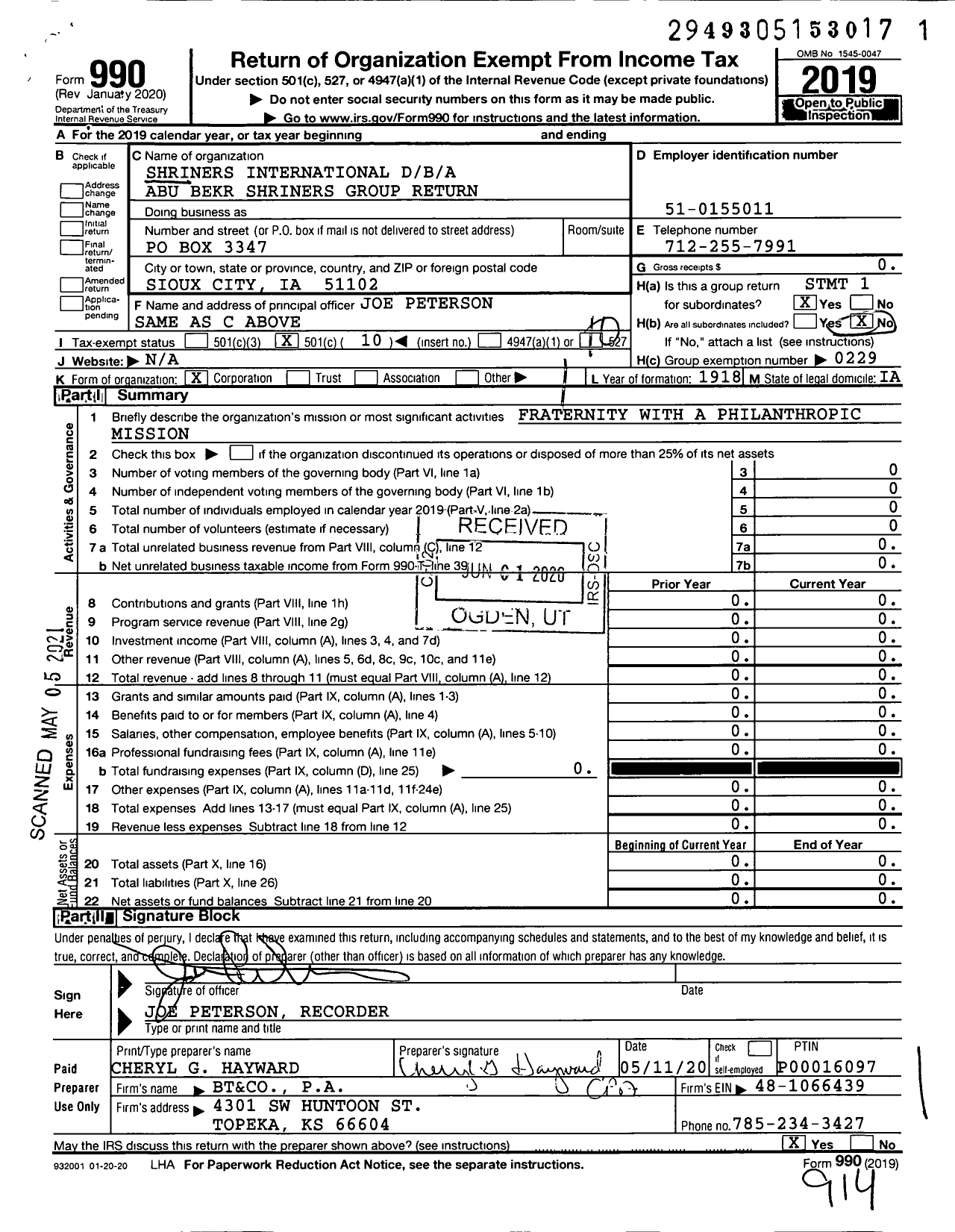 Image of first page of 2019 Form 990O for Abu Bekr Shriners Group Return