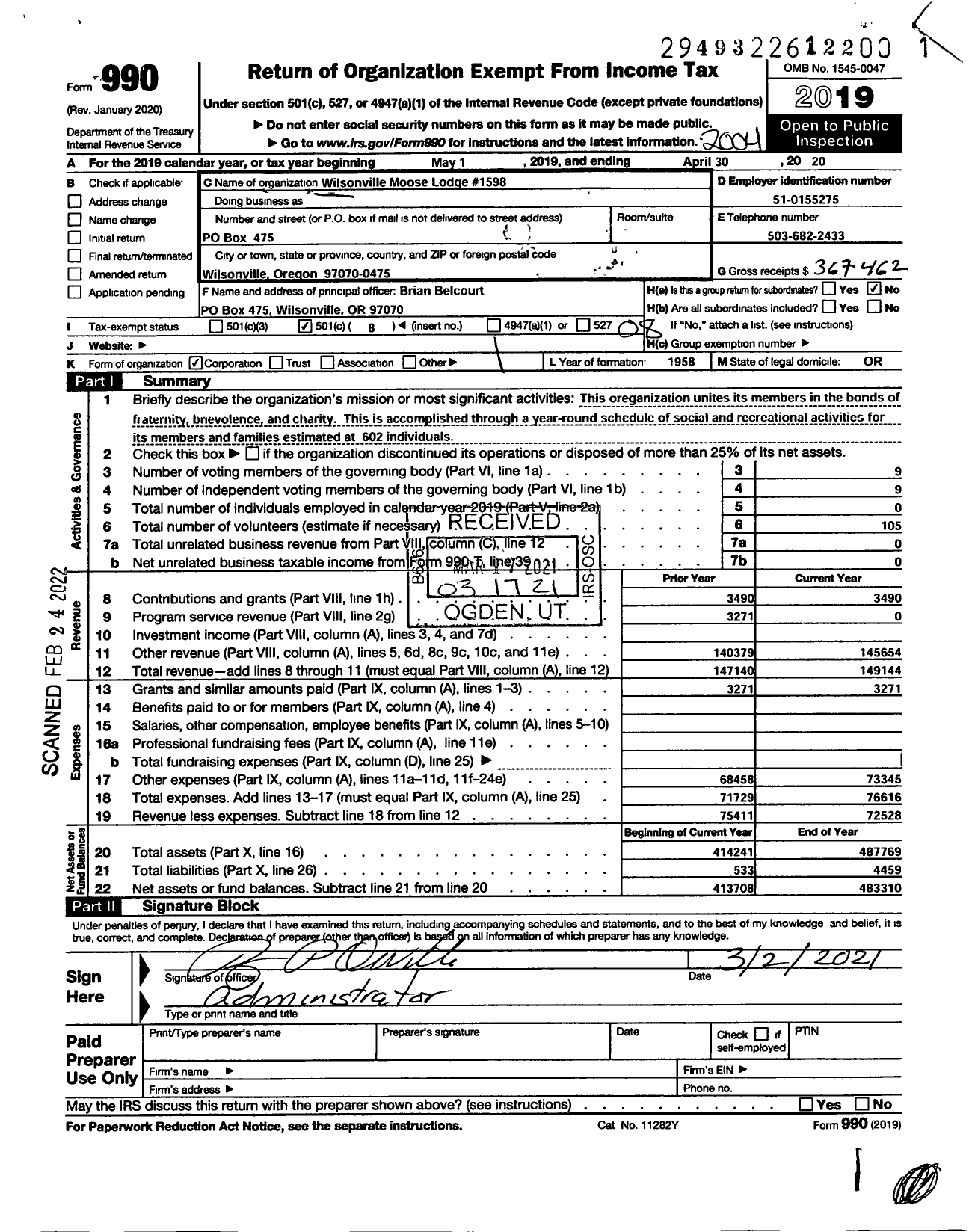 Image of first page of 2019 Form 990O for Loyal Order of Moose - Judith Deville