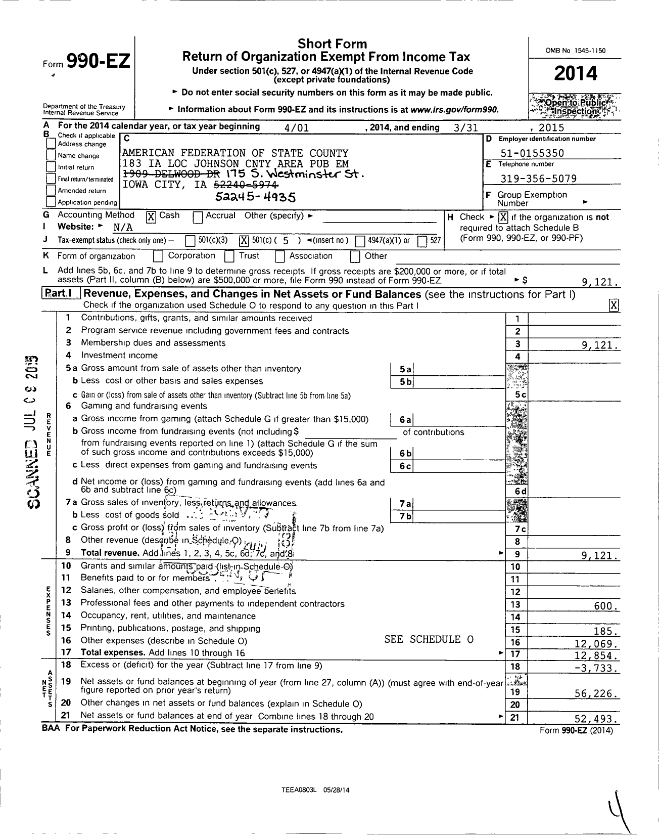 Image of first page of 2014 Form 990EO for American Federation of State County & Municipal Employees - L0183ia Johnson County Area Pub Emp