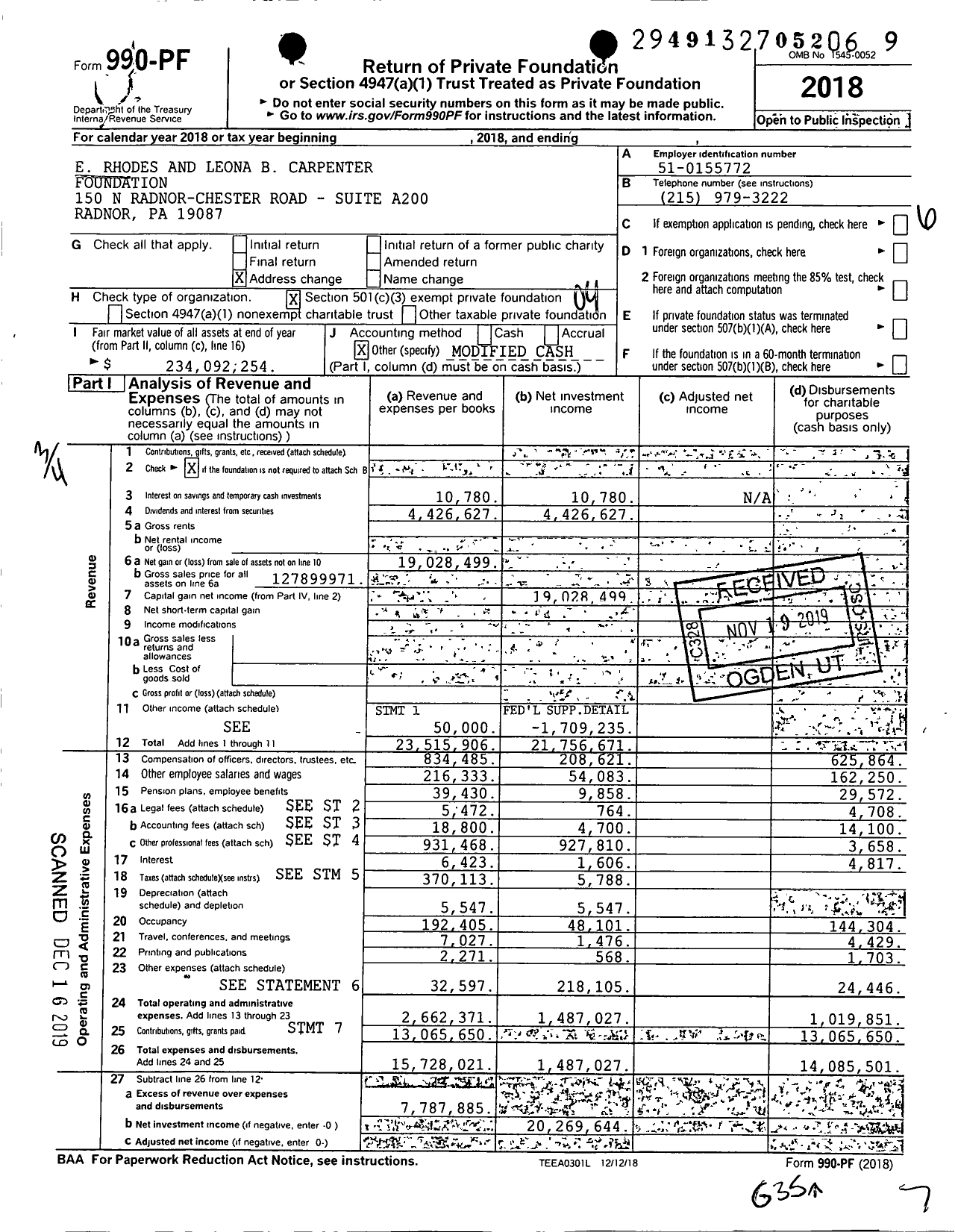 Image of first page of 2018 Form 990PF for E Rhodes and Leona B Carpenter Foundation