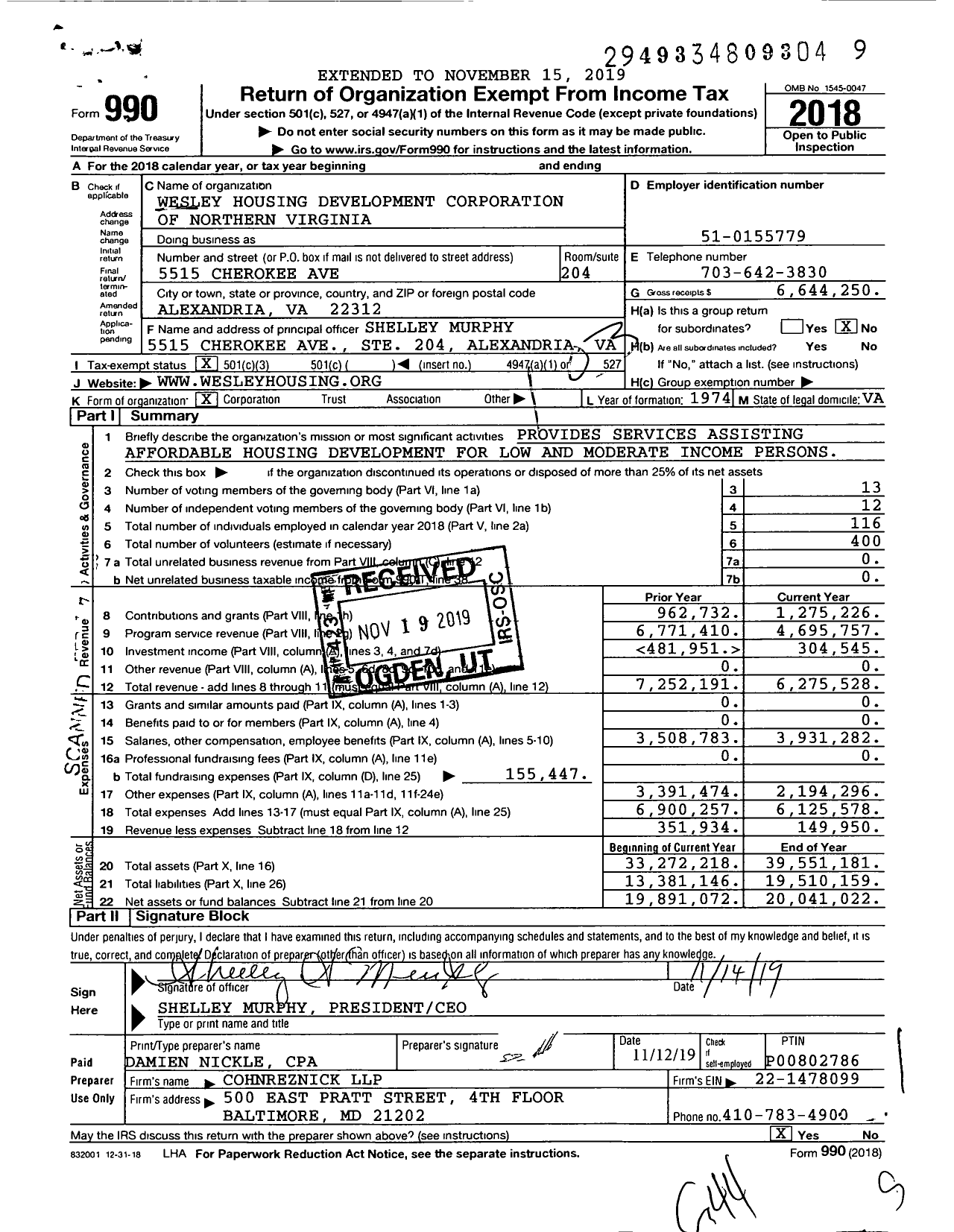 Image of first page of 2018 Form 990 for Wesley Housing Development Corporation