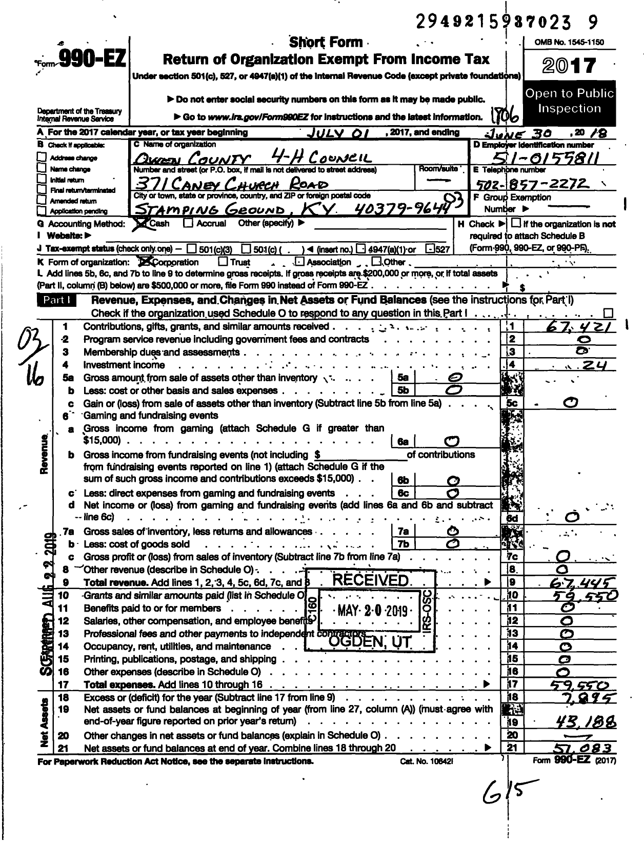 Image of first page of 2017 Form 990EZ for Owen County 4-H Council