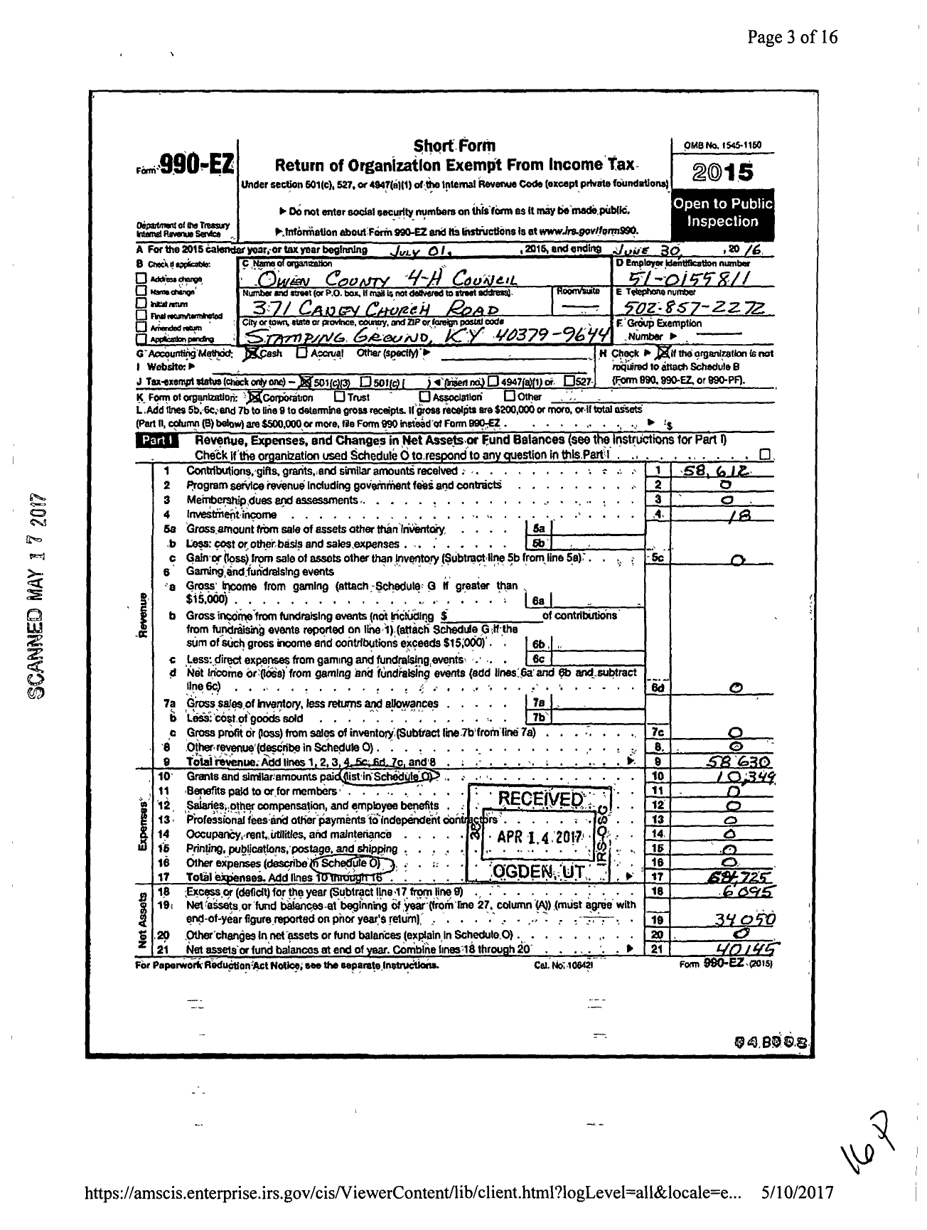 Image of first page of 2015 Form 990EZ for Owen County 4-H Council