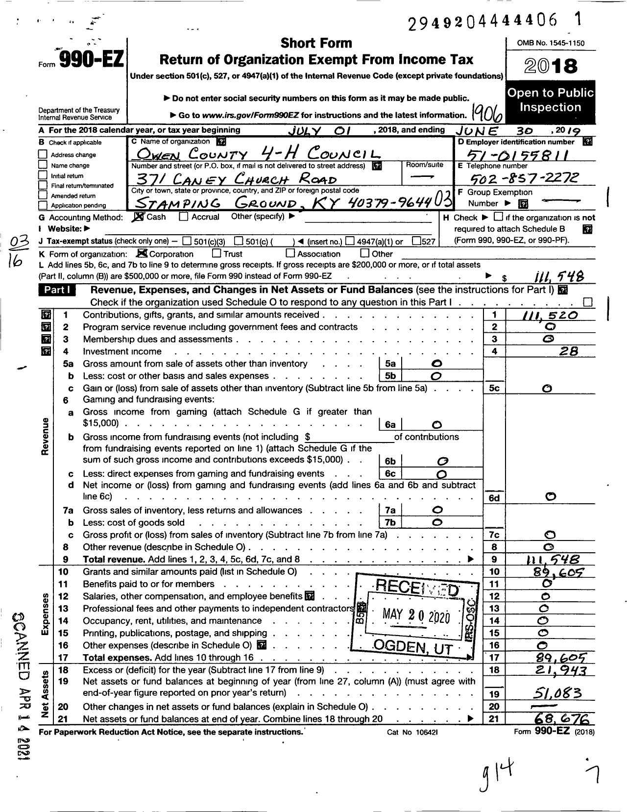 Image of first page of 2018 Form 990EZ for Owen County 4-H Council