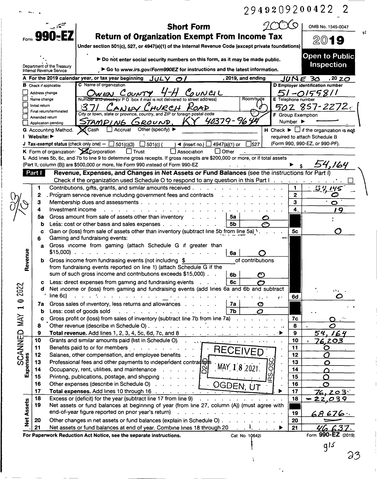 Image of first page of 2019 Form 990EZ for Owen County 4-H Council