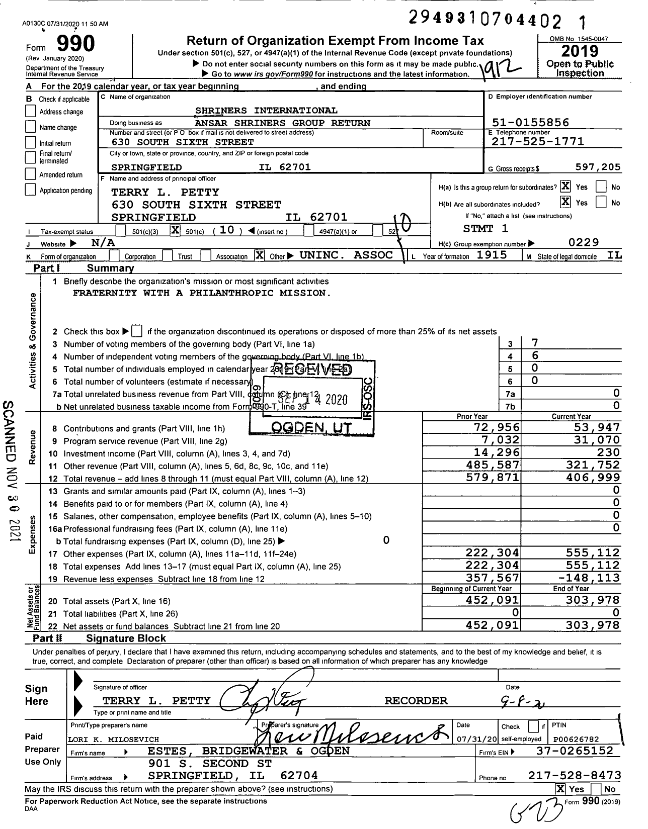 Image of first page of 2019 Form 990O for Shriners International - Ansar Shriners Group Return