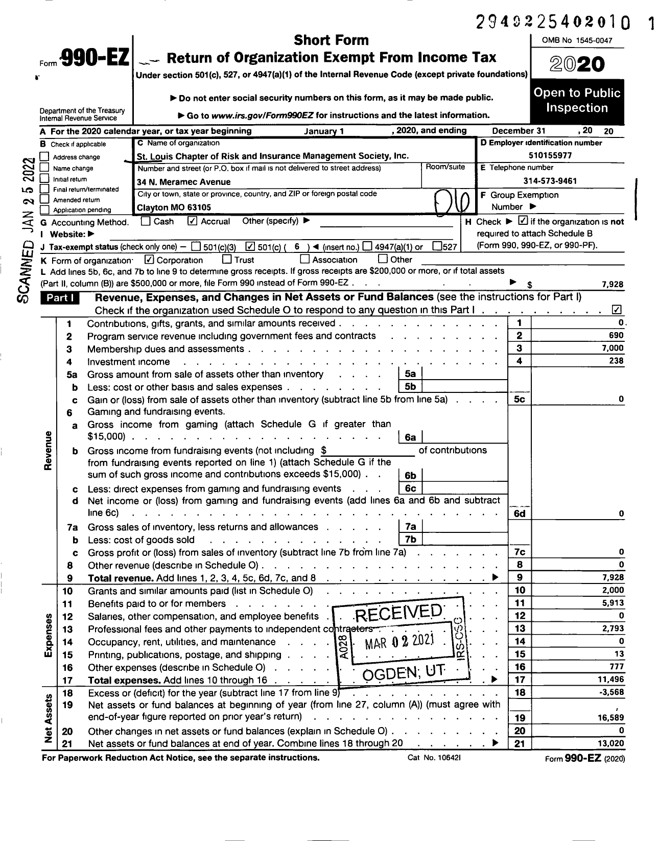 Image of first page of 2020 Form 990EO for St Louis Chapter of RIMS