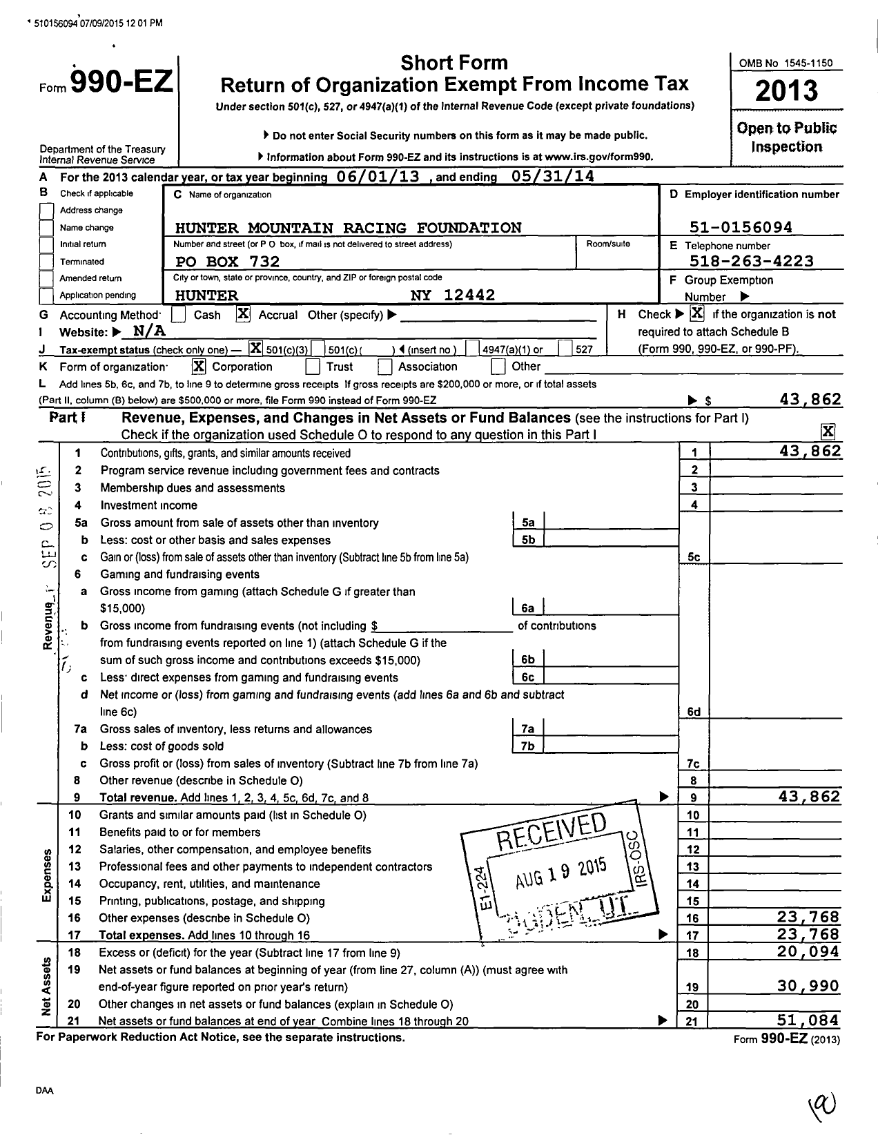 Image of first page of 2013 Form 990EZ for Hunter Mountain Racing Foundation