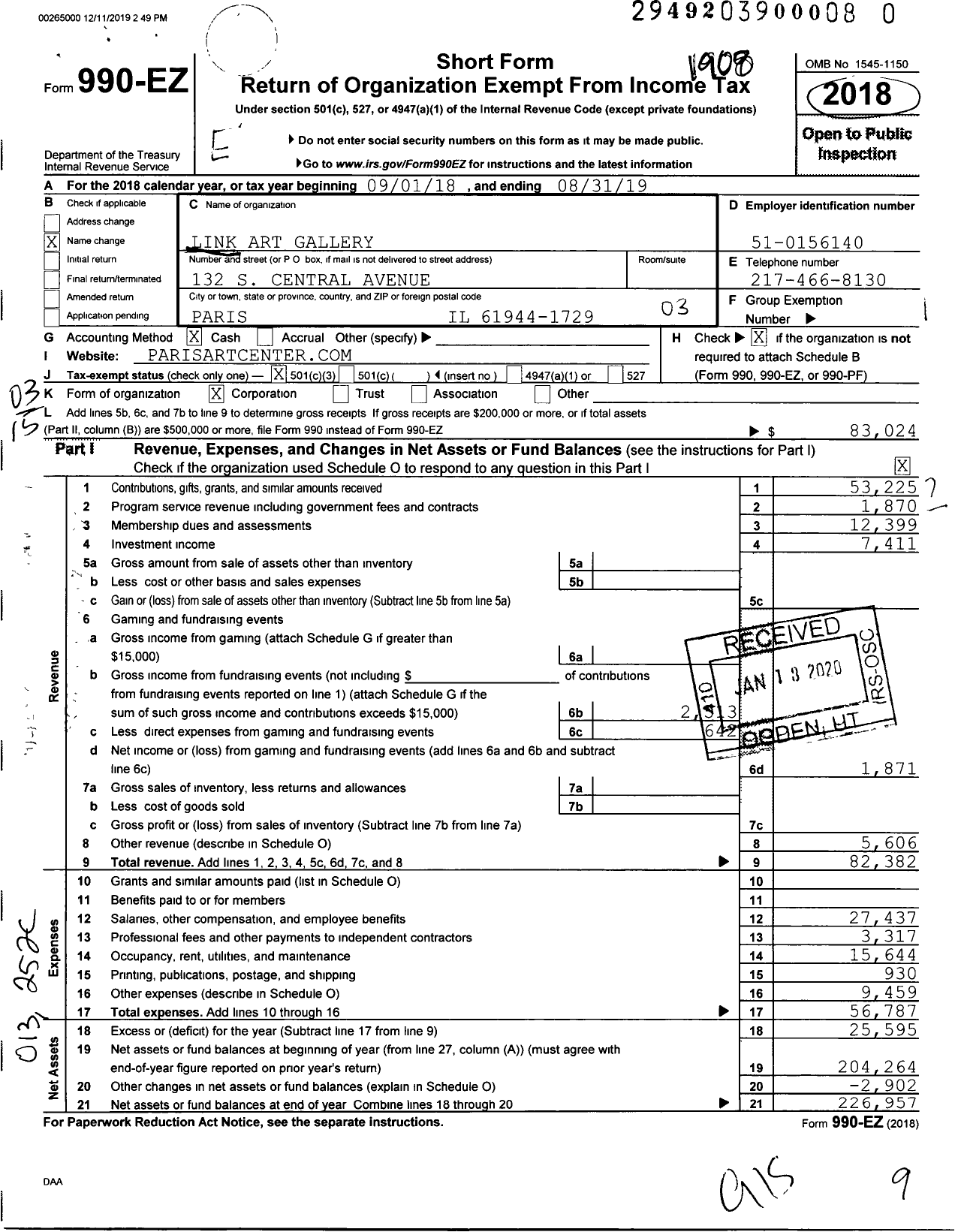 Image of first page of 2018 Form 990EZ for Link Art Gallery