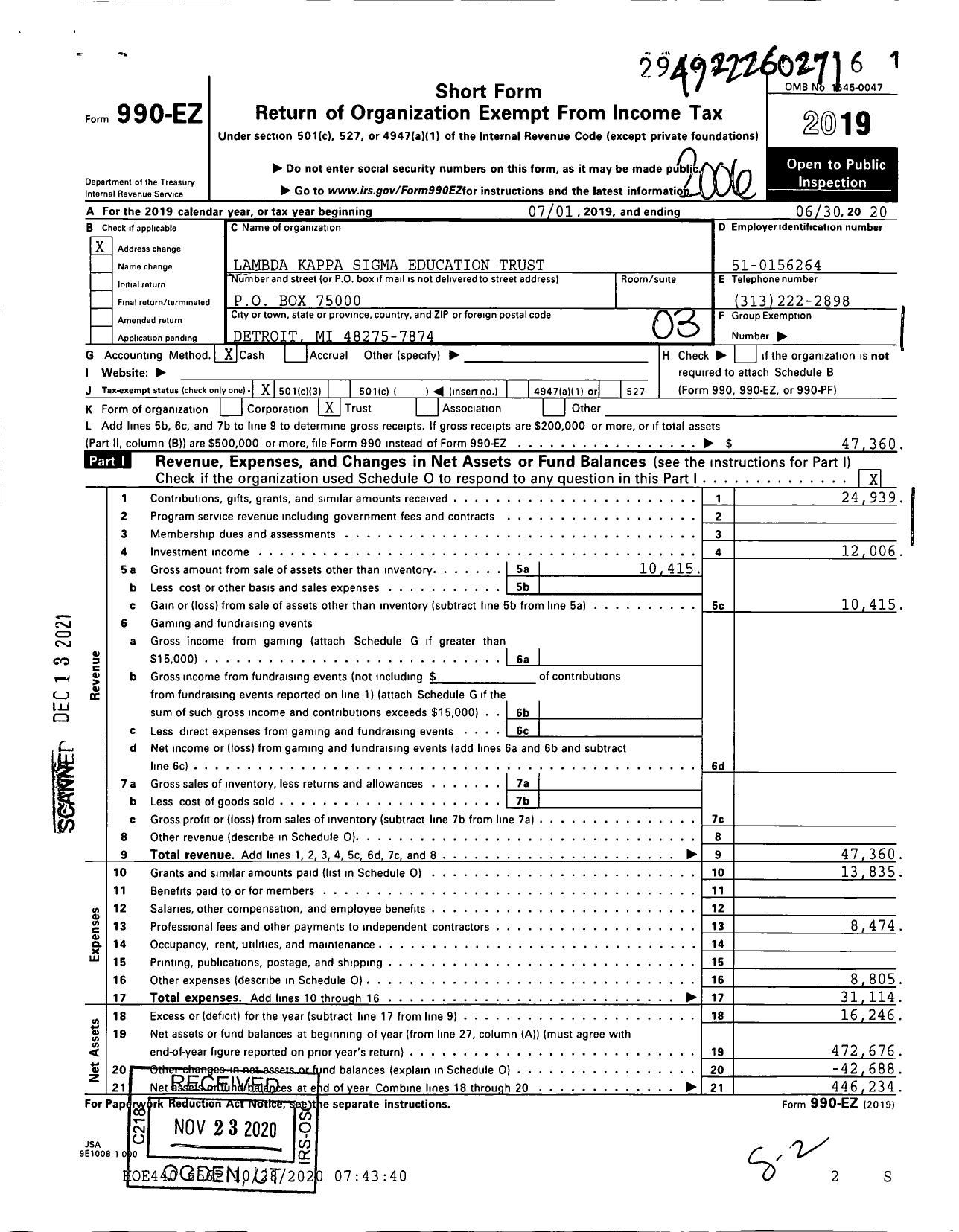 Image of first page of 2019 Form 990EZ for Lambda Kappa Sigma Educational Trust