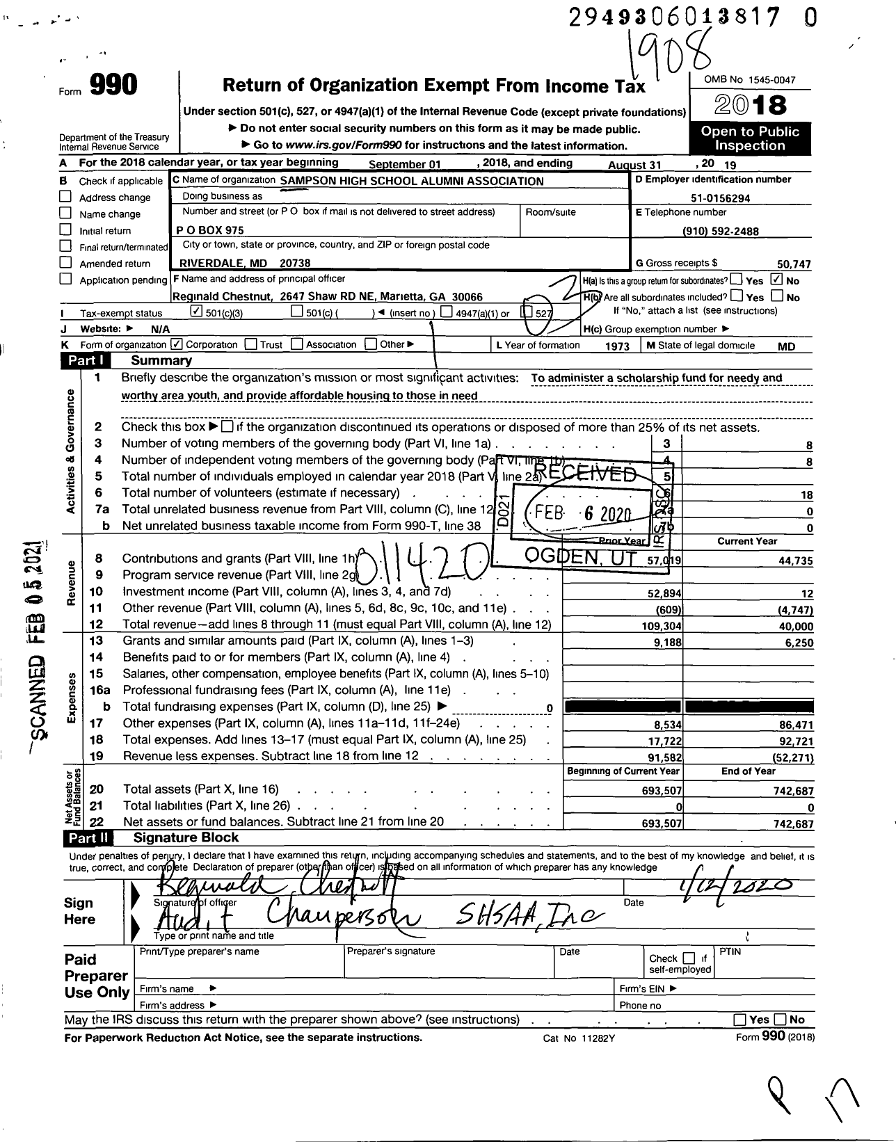 Image of first page of 2018 Form 990 for Sampson High School Alumni Association