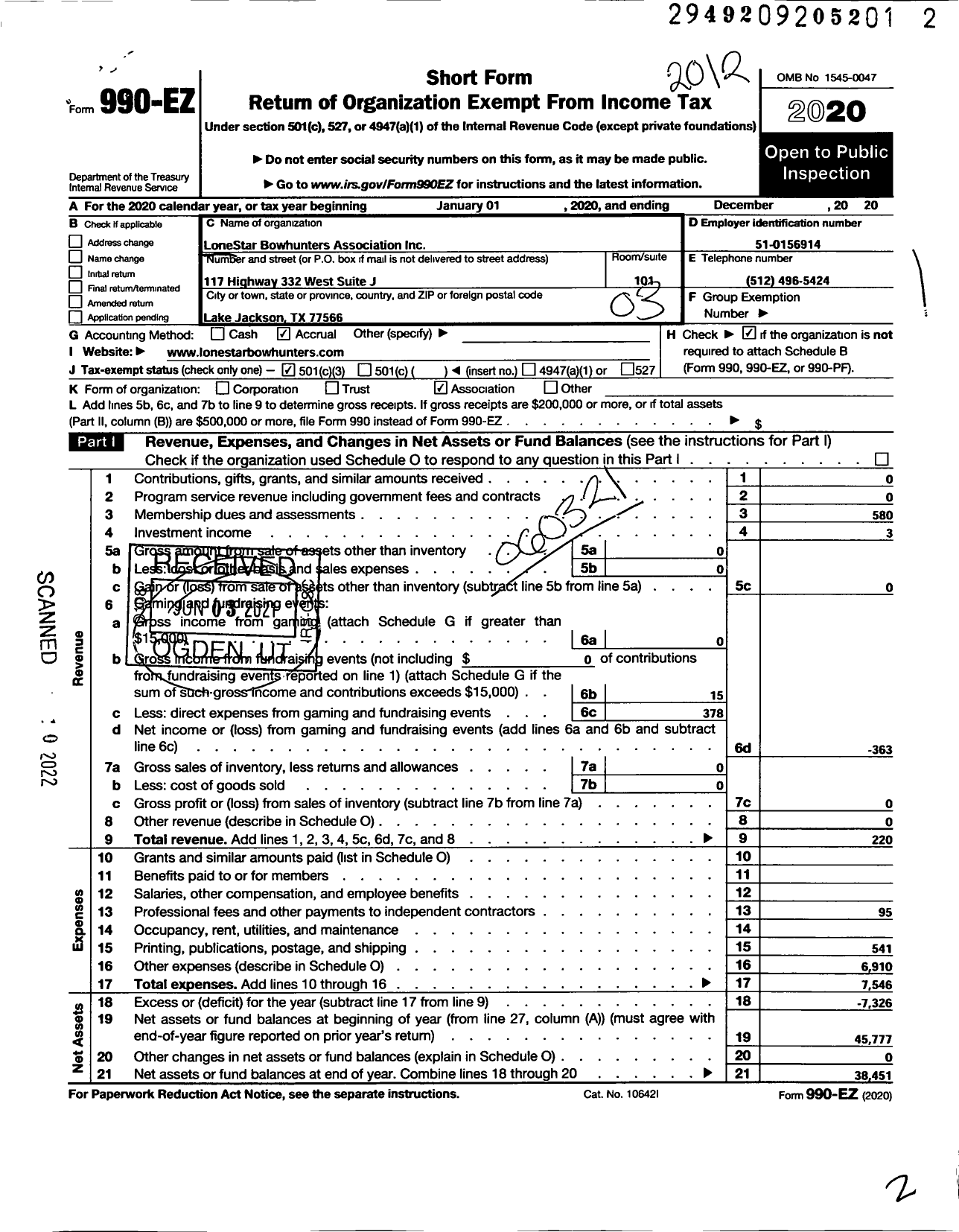 Image of first page of 2020 Form 990EZ for Lonestar STAR BOWHUNTERS assOCIATION