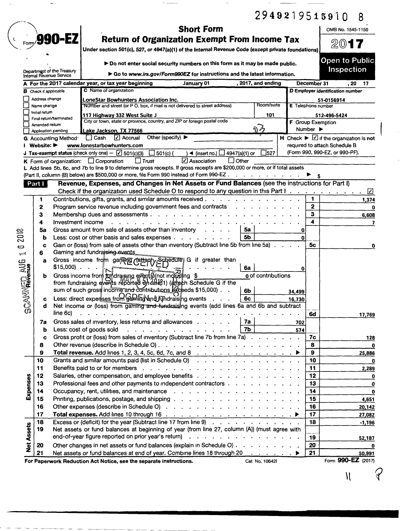 Image of first page of 2017 Form 990EZ for Lonestar STAR BOWHUNTERS assOCIATION