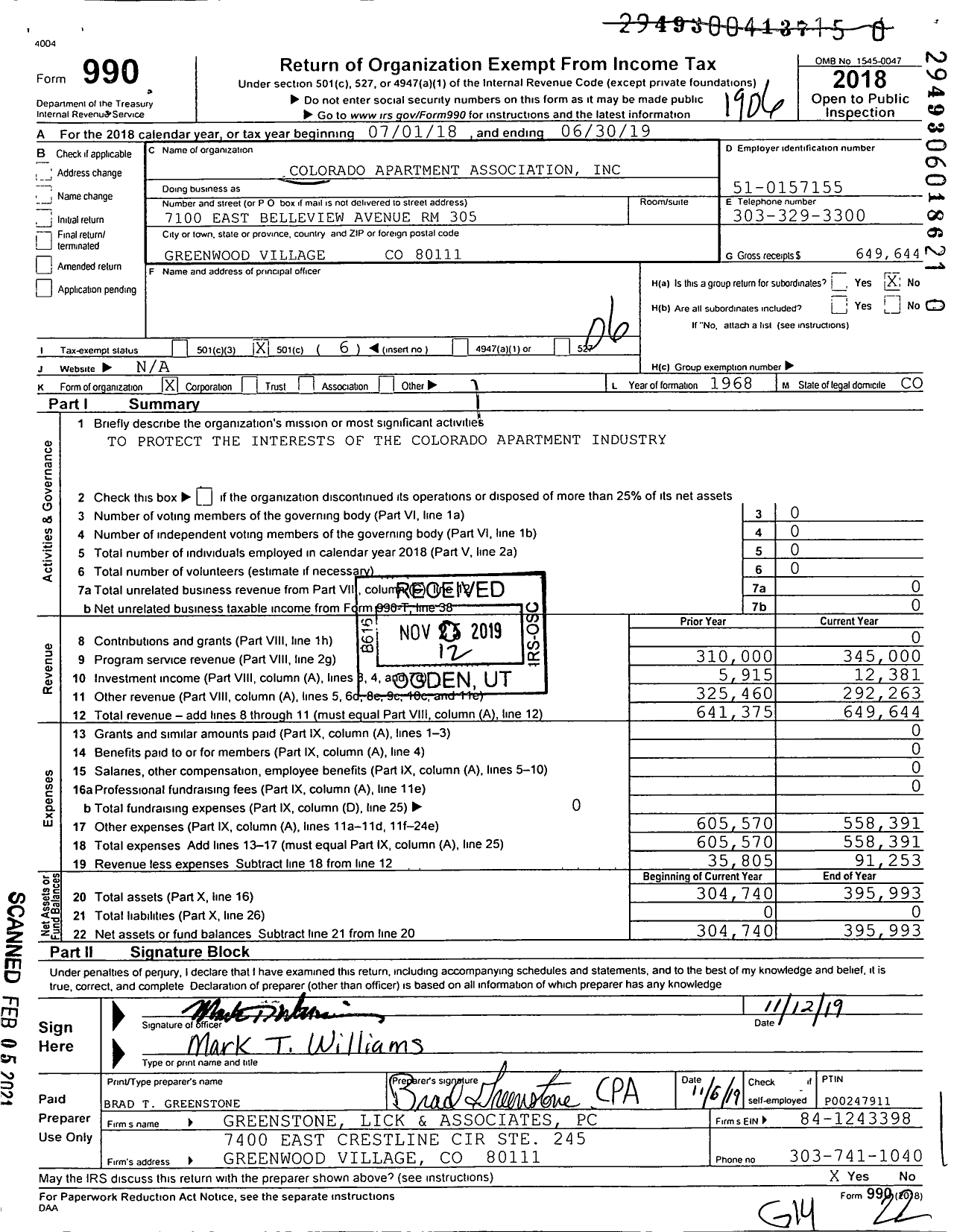 Image of first page of 2018 Form 990O for Colorado Apartment Association