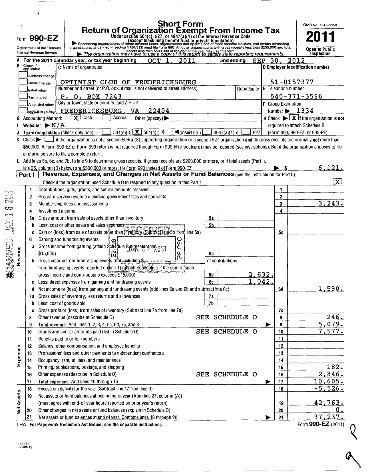 Image of first page of 2011 Form 990EO for Optimist International - 16072 Oc of Fredericksburg Va